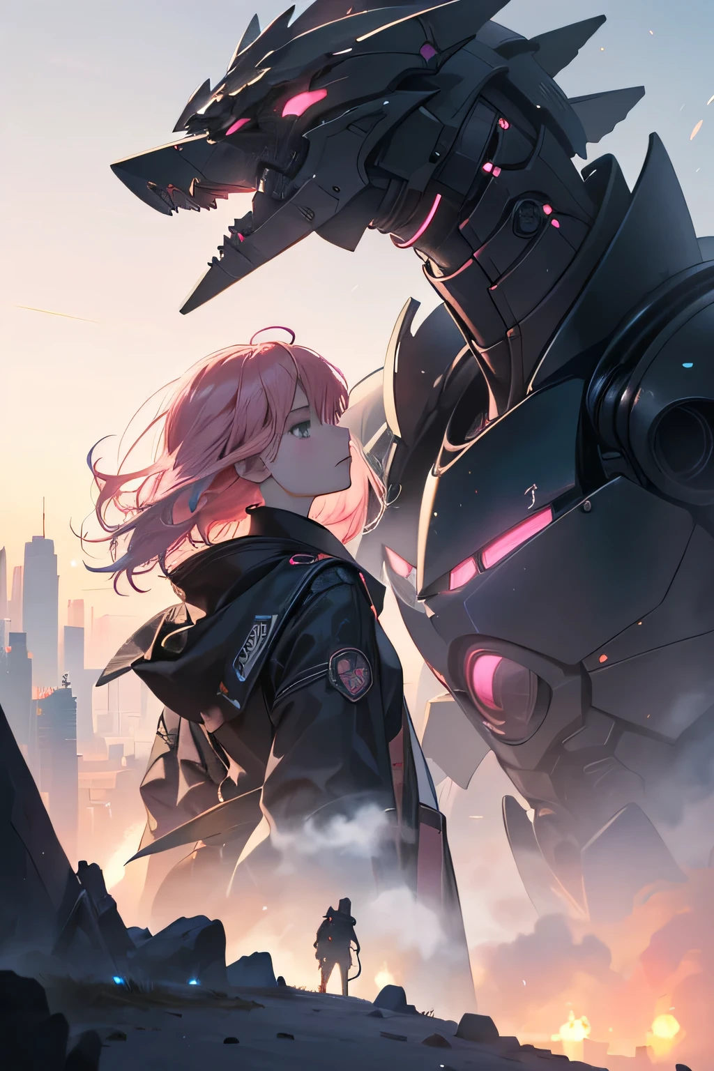 scifi,futuristic,anime couple in a city with a pink hair and a black jacket, best anime 4k konachan wallpaper, detailed key anime art, sakimichan and frank franzzeta, detailed digital anime art, anime in fantasy style, anime scifi illustration, highly detailed exquisite fanart,cyberpunk, epic light novel art cover, beautiful scifi anime, masterpiece, best quality, (extremely detailed CG unity 8k wallpaper), (best quality), (best illustration), (best shadow), absurdres, realistic lighting, (Abyss), beautiful detailed glow,clear face, clean white background, masterpiece, super detail, epic composition, ultra HD, high quality, extremely detailed, official art, uniform 8k wallpaper, super detail