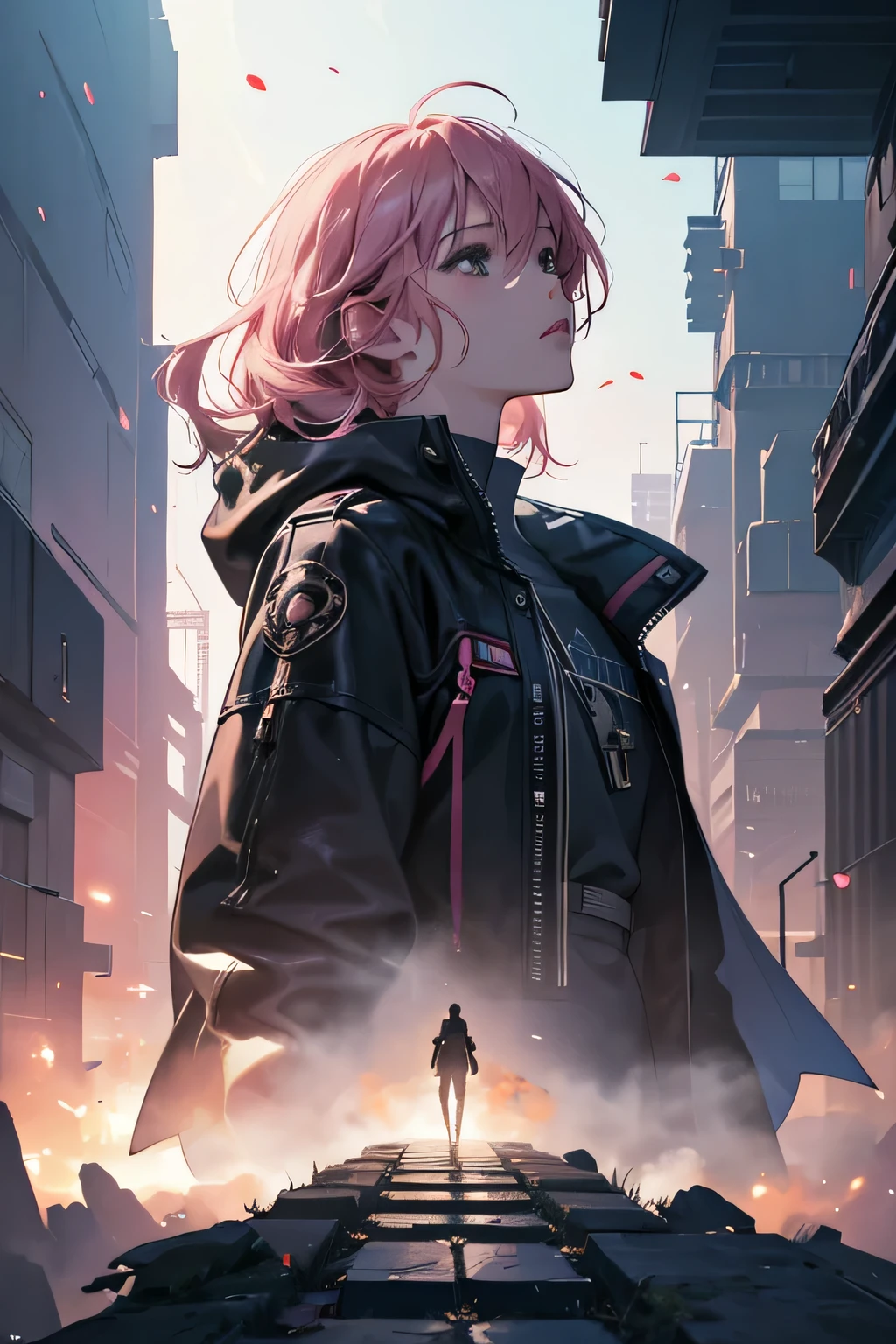 scifi,futuristic,anime couple in a city with a pink hair and a black jacket, best anime 4k konachan wallpaper, detailed key anime art, sakimichan and frank franzzeta, detailed digital anime art, anime in fantasy style, anime scifi illustration, highly detailed exquisite fanart,cyberpunk, epic light novel art cover, beautiful scifi anime, masterpiece, best quality, (extremely detailed CG unity 8k wallpaper), (best quality), (best illustration), (best shadow), absurdres, realistic lighting, (Abyss), beautiful detailed glow,clear face, clean white background, masterpiece, super detail, epic composition, ultra HD, high quality, extremely detailed, official art, uniform 8k wallpaper, super detail