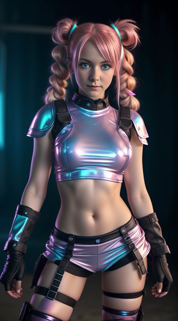 RAW photograph, photorealistic, incredibly high quality, high detail, 1 girl, solo, cute 18-year-old girl with pink hair in twin tails, ((perfect female body)) multiple rainbow colored hair, perfect detailed blue eyes, happy, Ukrainian, , pale skin, wearing a pink shimmering metallic sexy outfit, stomach visible, playboy, stockings, thigh band, arm band, jewelry, post apocalyptic background, bleak barren desert, photo realistic, shy smirk, sensual, sexy, erotic, rgb, rave