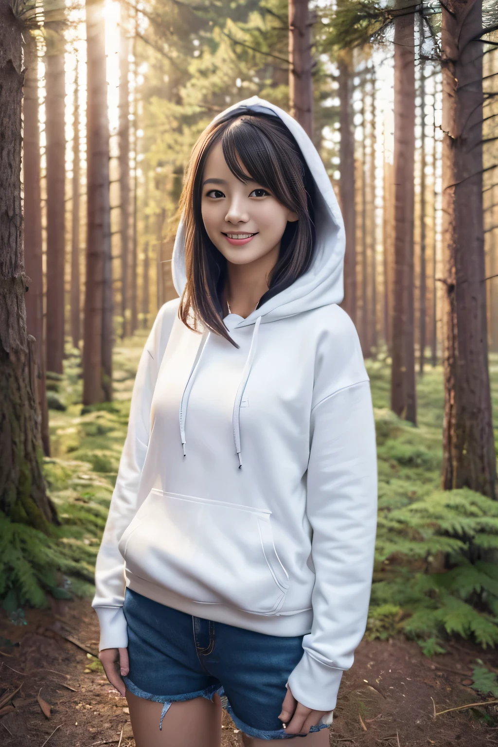 (highest quality,8k,High resolution:1.2),(Beautiful reality:1.4)、(cute japanese girl:1.4),(glamorous)、hoodie shirt、pants、artistic background、Surrounded by Nordic forests、sexy pose、Professional、perfect anatomy、beautiful limbs、smile、