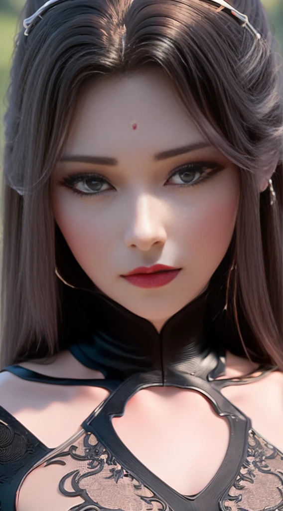 best quality, (lifelike:1.2), 1 girl, alone, Detailed face, Face focus, Permanently installed, black hair,(hair accessories:1.35),female office worker, bow sleeves, Detached sleeves, Ribbon decoration, wide sleeves, (looking at the audience:1.5) long hair, black eyes, Bangs, lips,