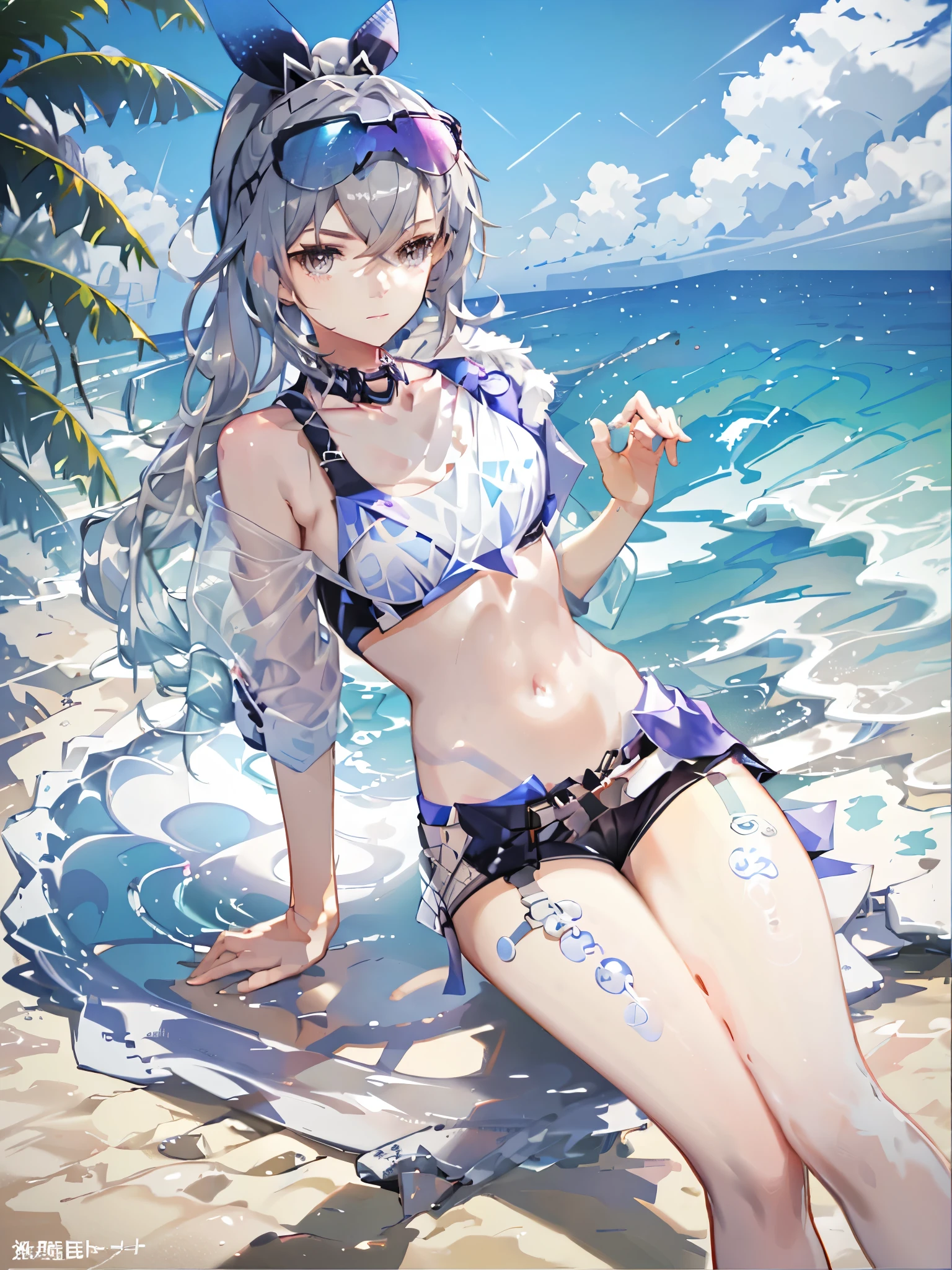summer, sun, ocean, beach , young woman bikini, silver wolf, silver hair, ponytail, --v6