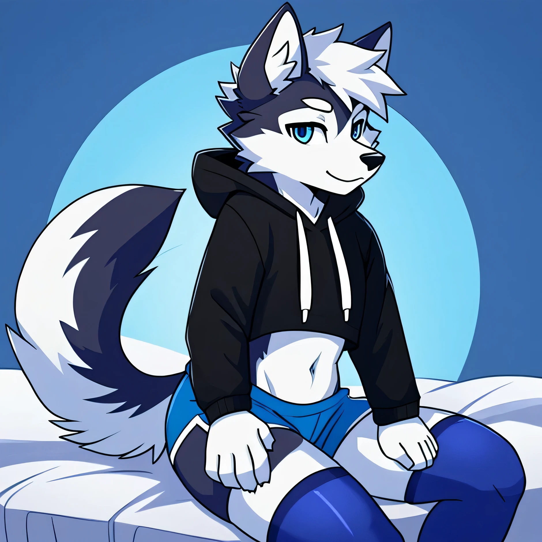 character、one person、furry、boy、man、White and black、light blue crop hoodie、pink thigh highs、Blue eyes、husky、husky's tail、illustratio、blue shorts、fluffy hair、facing forward、sitting on bed, facing viewer
