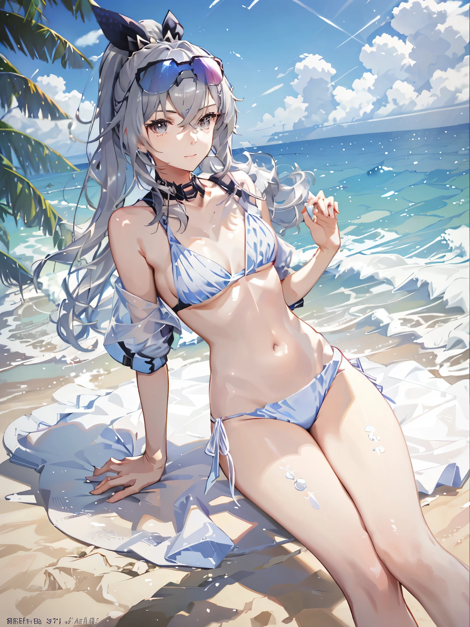 summer, sun, ocean, beach , young woman bikini, silver wolf, silver hair, ponytail, --v6