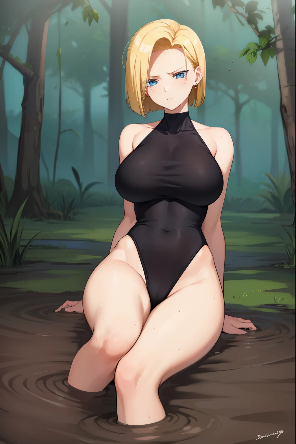 highest quality, High resolution, whole body,AND18, 1 girl, android 18, alone, golden hair, blue eyes, short hair,earrings,big breasts, frown,troubled face, panic,Sweat,1 girl, black leotard, black high leg cut,( drown in the swamp:1.2),restrained, Please raise your hand,