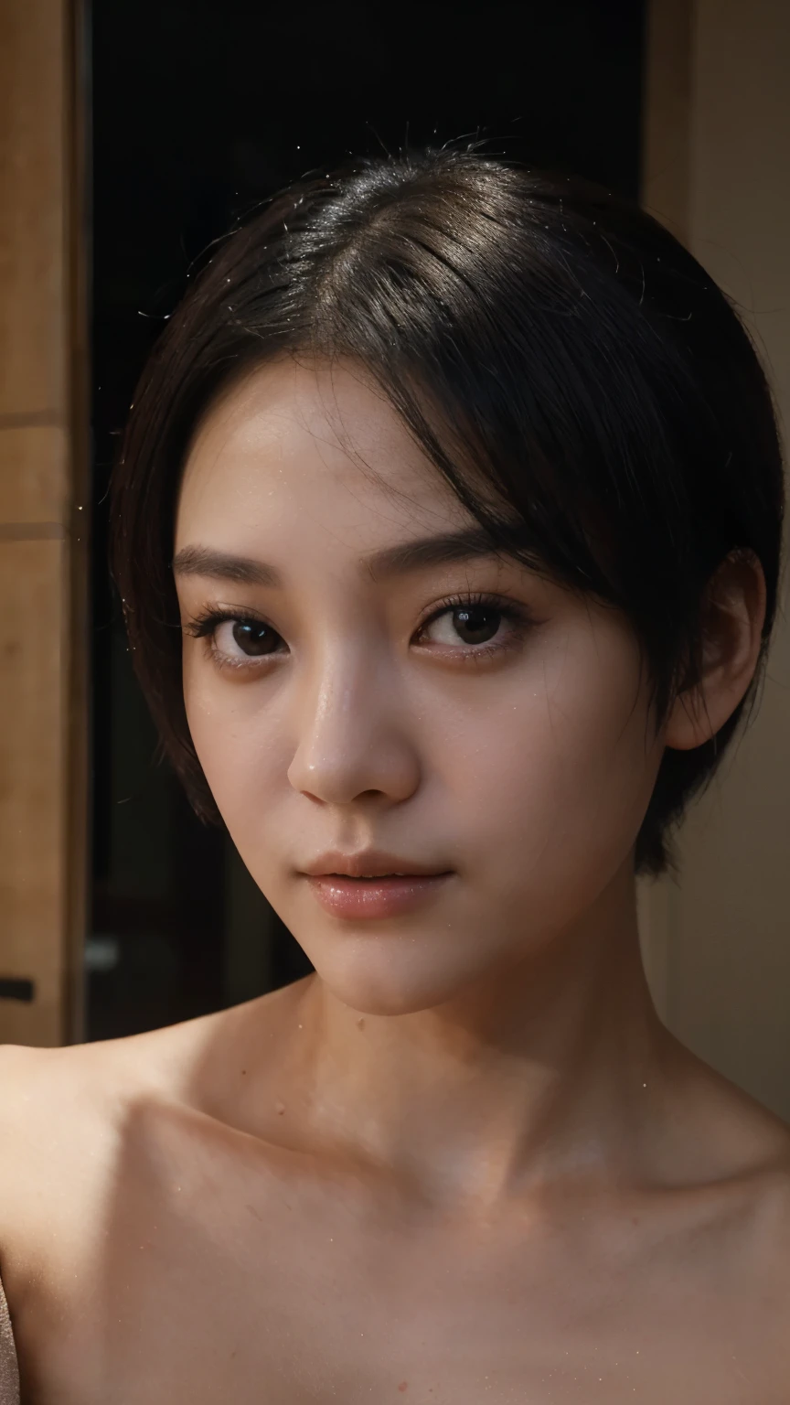A selfie of a Chinese girl with short hair ((close up photo)) ((best quality)), ((masterpiece)), (detailed), perfect face, ((8k quality pic)) natural lighting, night time, from the side , (perfect shiny black eyes), a selfie picture from a girl