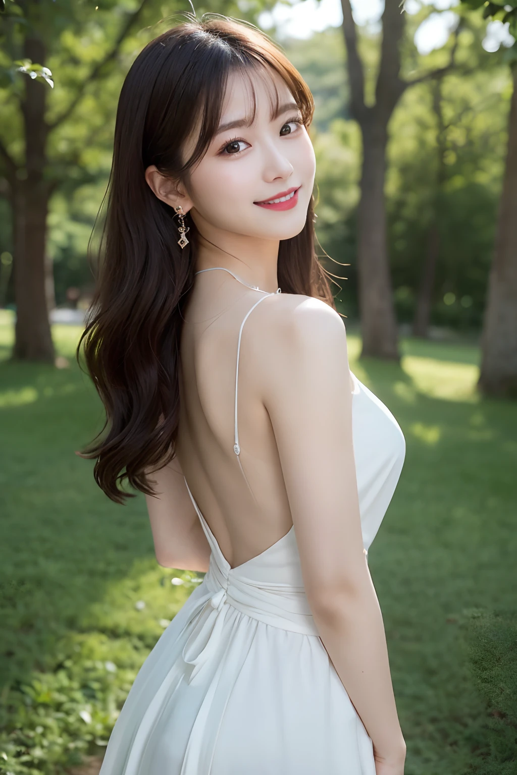 (top-quality、8K、32K、​masterpiece、nffsw:1.2)、Random posture、(extremely delicate and beautiful work)、(​masterpiece)、One girl、Highly Detailed Elegant Wedding Dresses、tiarra、veils、A highly detailed、A charming expression、Beautiful and clear eyes、Green pupil、delicate necklaces、Delicate earrings、Simple blurry background、in woods、Description of extreme details、Beautiful fece、A charming、Ultra-fine painting、delicated face、Delicate figure、thin clavicle、Beautiful lips、Soft back view、mix4、(8K、Raw photography、top-quality、​masterpiece:1.2), (reallistic, Photorealsitic:1.37),1girl in,Cute,Cityscape, natta, Sateen, Wetty, Professional Lighting, Photon mapping, Radio City, physically-based renderingt, above waist、(a smile:1.1)