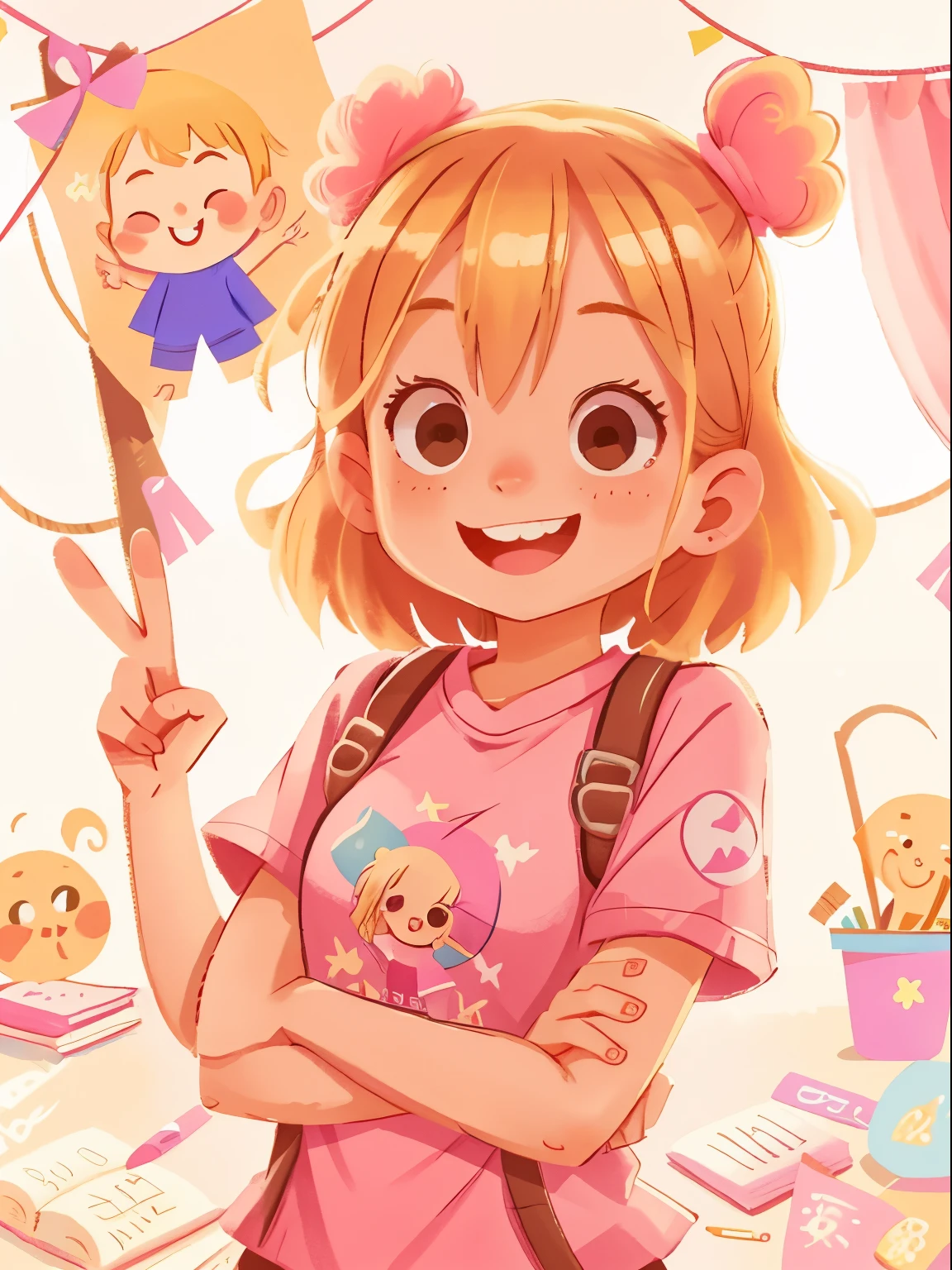 Draw me a girl with dyed blonde hair, smiling, posing for a picture, peace sign, wink, inside pink cute room, name tag on chest says “hello, my name is Cass”
