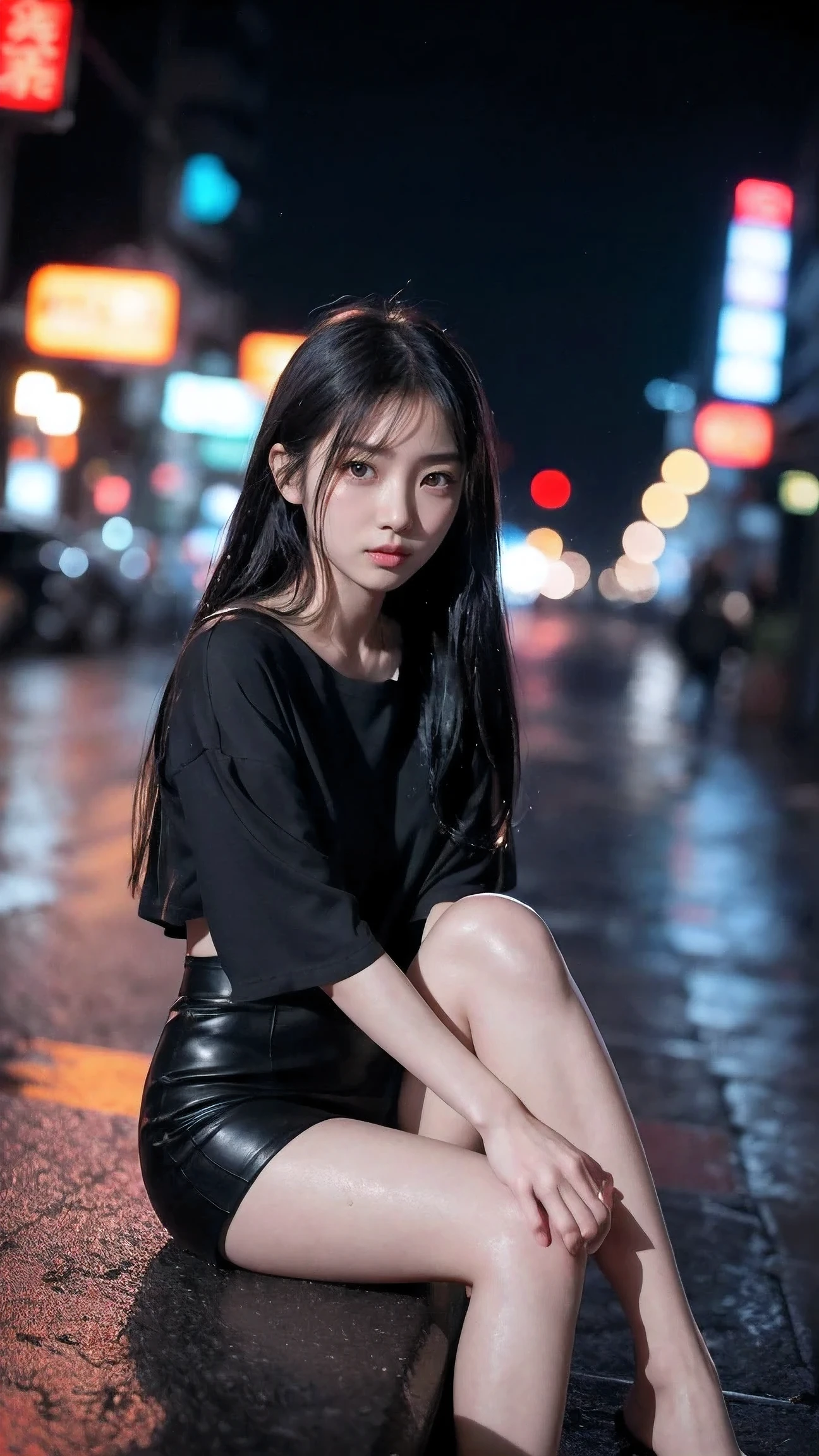 1女of子,alone,long hair,rough skin,from before,sit with legs apart、troubled face、顔of焦点,(looking at the viewer:1.2),wet hair,dark,polaroid,(depth_of_field:1.5),雨of日,outdoors,street,目of間of毛,moody lighting,Tyndall effect,映画ofような照明,night,street lamppost,Lens flare,available light,rim light,glowing neon lights,Completely ?????,韓国of女of子,