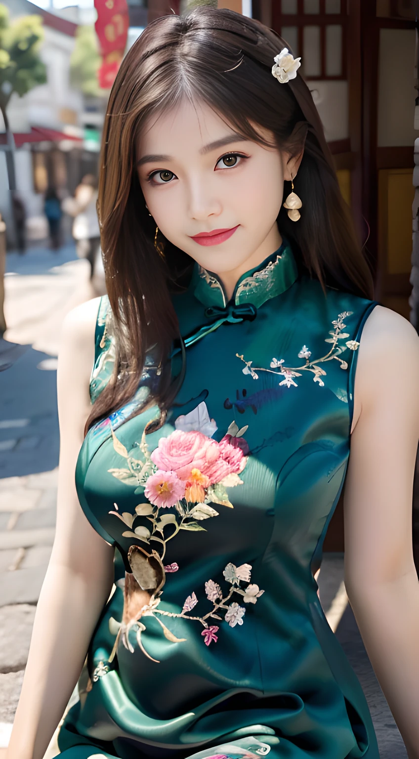 ulzzang -6500-v1.1, (Raw foto:1.2), (Photorealsitic:1.4), Delicate beautiful girl,The sparkling eyes have a very nice atmosphere..............,18year old, Attractive eyes and moist lips,cabelos preto e longos,(ssmile:1.3),Detailed depiction of the face,Formula details,Detailed depiction of facial features Star Masterpiece Fine Detail,Describe your role in detail,Detailed depiction of hair,Carefully drawn ,My body is bumpy,Detailed depiction of the hand,Clothes drawn in detail,Detailed depiction of the face,face perfect,Detailed depiction of hands drawn in the military,4fingers and 1thumb:1.3),orthofacial,choker necklace,lipsticks,eardrop,,Photo of three-quarters,Works of masters,Infinitely close to reality,(Upper body photo:1.3),Highest image quality,best qualtiy,infinite details,8k resolution,(((Beautiful patterned embroidered cheongsam 1.3))),((dark green cheongsam dress))),(Ancient courtyard scene:1.3),A smile, Constriction of the lower back, sexy pose,Bold poses, Beautiful legs visible through the slit of a long skirt