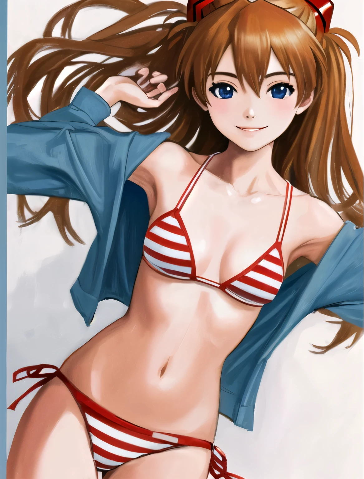 (masterpiece:1.3),(highly detailed:1.3),(highres:1.1),best quality,Ultra-detail, smile souryuu asuka langley, interface headset, striped bikini
