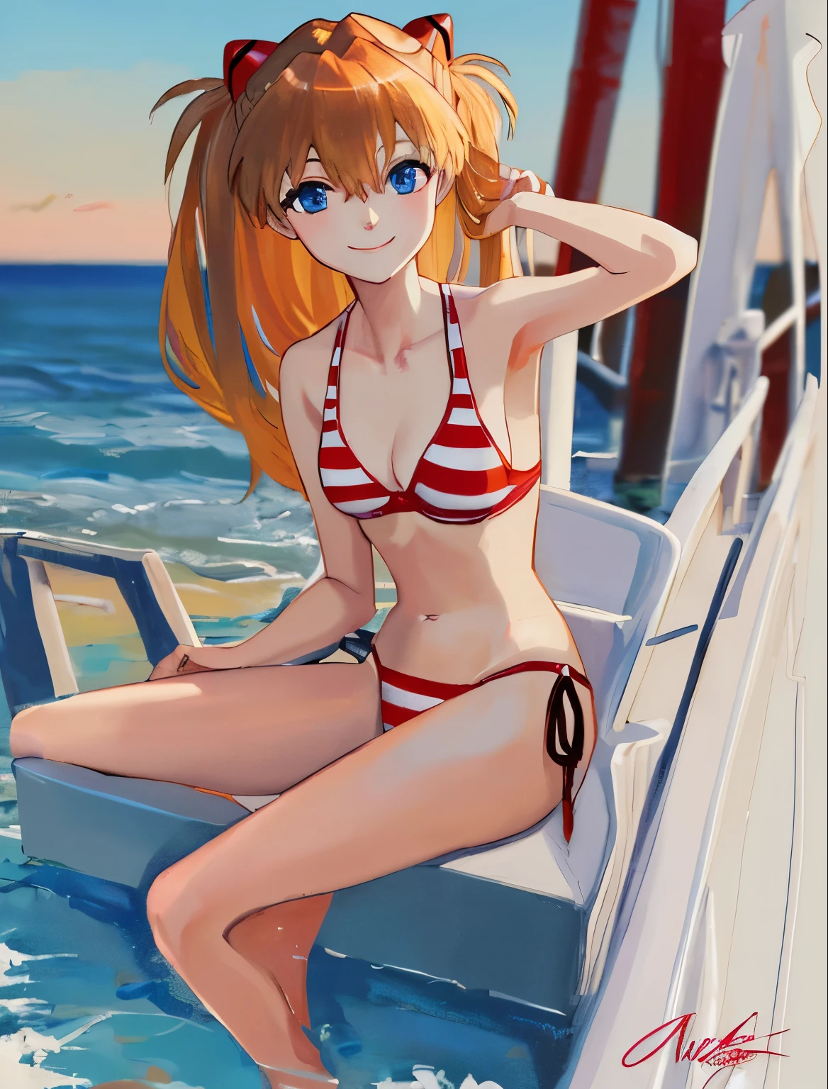 (masterpiece:1.3),(highly detailed:1.3),(highres:1.1),best quality,Ultra-detail, smile souryuu asuka langley, interface headset, striped bikini