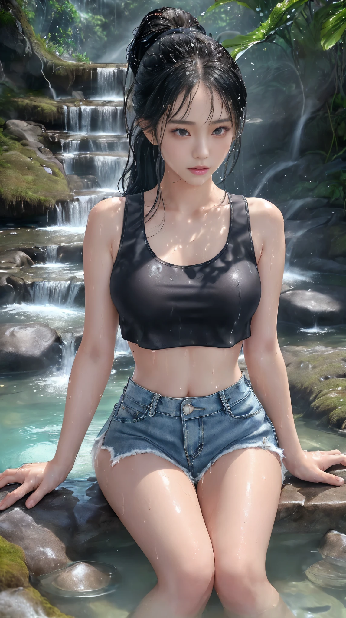 (Best quality, 8k, Masterpiece :1.3), (realistic, photorealistic: 1.37), (1girl), (slim), (Japanese), (random pose), (wet body), (long hair, random hairstyle), (outdoors), (Ultra-detailed face), (Detailed eyes), (Double eyelids), (eyeshadow intensifying), (many eyelashes), (professional lighting), (photon mapping), (radiosity), (looking directly at viewer), (full bodyesbian), (legs are open), (With a cropped T-shirt), (Slim figure), (Slim girl model), (25 years old female model), (gigantic cleavage breasts, squeeze breast) (No bra, No top, Bare chest), (show nipple)