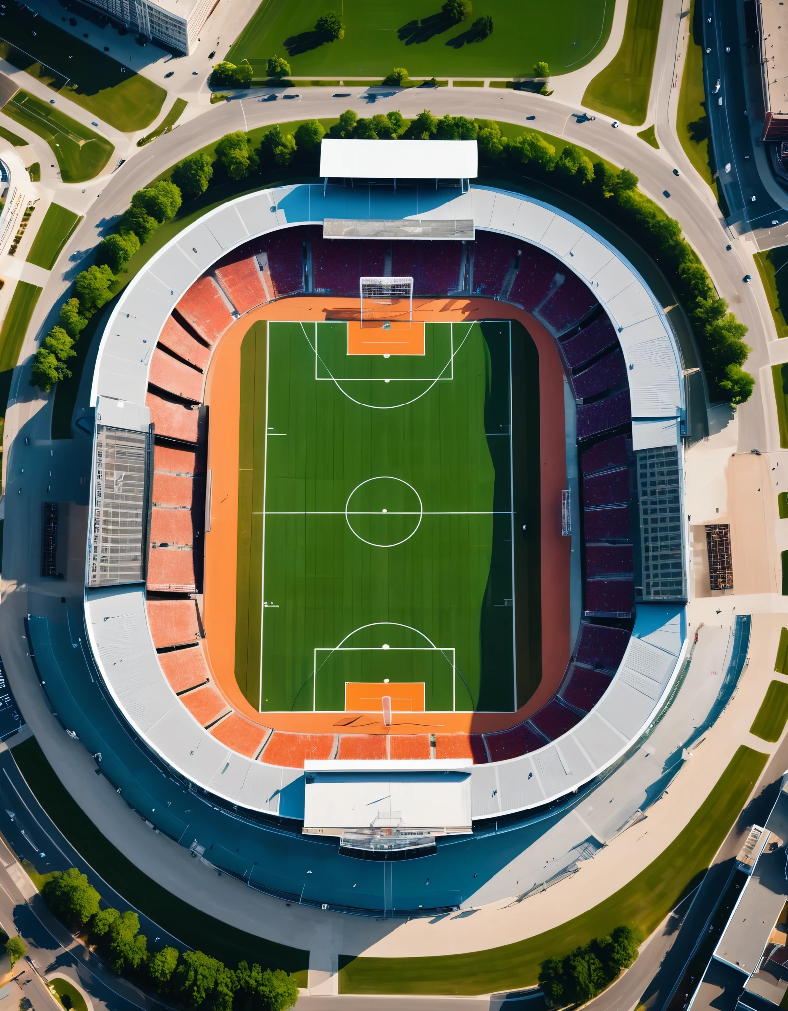 an aerial view of sports field city, basketball, football, soccer and baseball stadiums on every corner