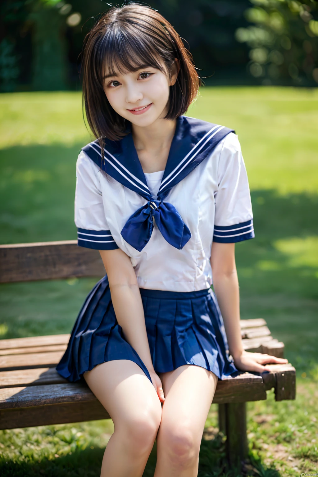 (masterpiece, best quality:1.2), 1 girl,  18 years old, (Idol style super cute face:1.２), (sit on a bench)  , small breasts, (whole body), (white shirt, sailor school uniform, navy pleated skirt:1.2), sexy , beautiful legs, bangs, black hair straight, slightly longer bob hair, smile, masterpiece,  super high quality, realistic, photo  RAW写真, very precise, perfect anatomy, forest park、 