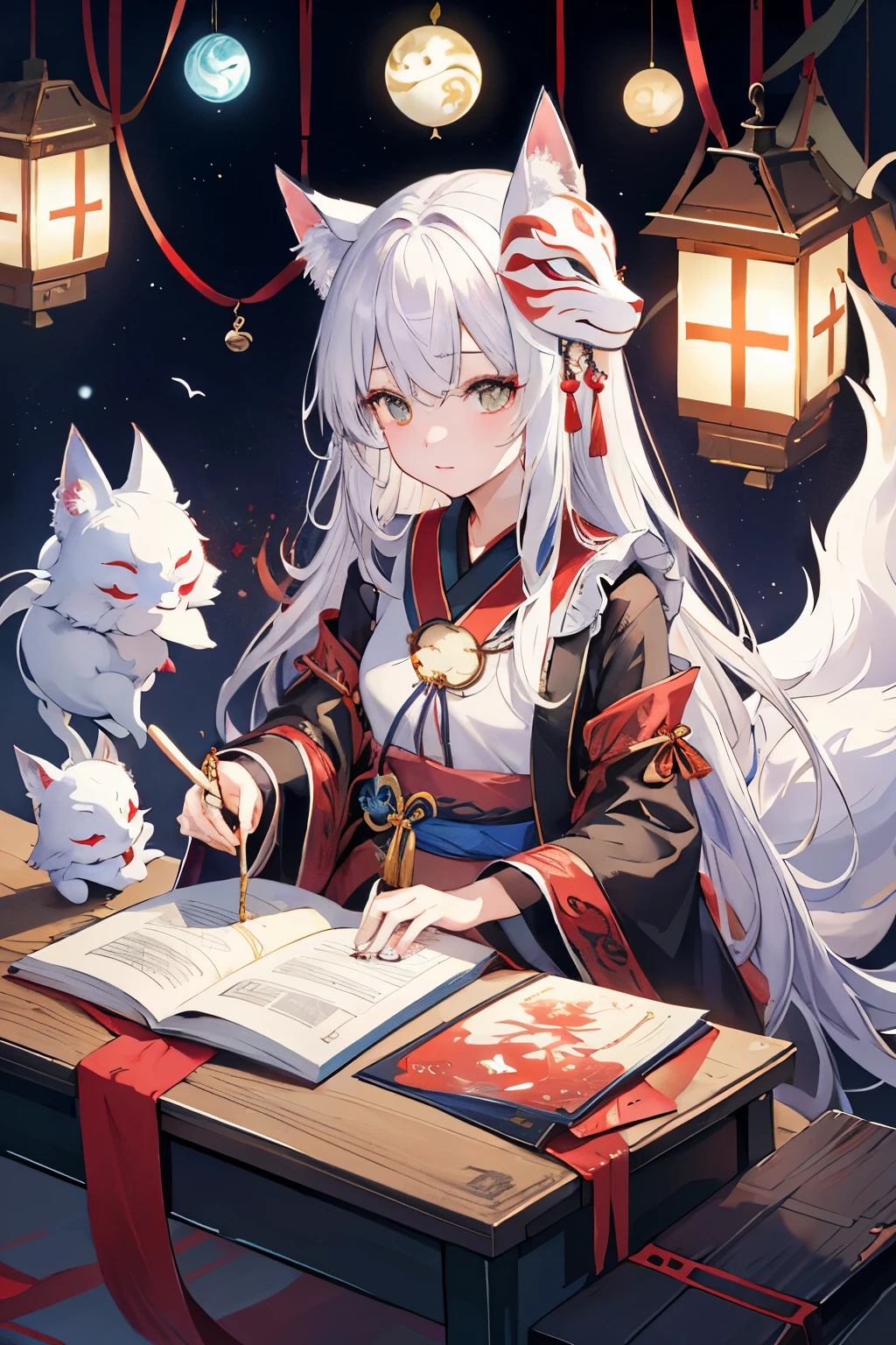 (on the table, highest quality, best quality, official art, Beautiful and beautiful:1.2), (1 girl in:1.3), (Fractal art:1.3),bill、Will-o&#39;-the-wisp、ghost、besides、youkai、Taoism、Yin Yang Dao、astrology、cursed、White Fox Mask、Okame&#39;s Mask、mask of prajna、occultism、metaplasia、nine-tailed fox、amulet、bill、Sealed bills、five-pointed star