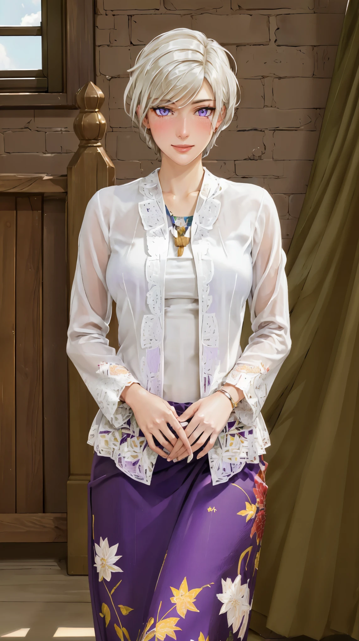 ((((masterpiece, best quality, high resolution)))), Extremely detailed 8K, Beautiful girl with voluptuous body, (Ultra HD, Ultra-detailed, Highly detailed, Highly realistic, Ultra-realistic, photograph realistic), (1girl:1.5), (Realistic white hair), short silky hair, bob cut, (dynamic poses), facing at camera, looking at viewer, (blushing red, smile), (purple eyes, sharp eyes), (big perky breasts:1.2), (beautiful detailed face, beautiful detailed eyes), ((kebaya dress, thin material)), (standing up), sweat, glow, (sunbeam, sunlight), ((cowboy shot))