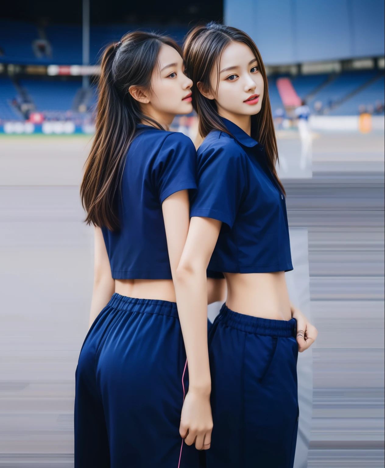 (best quality,10,10,height,Masterpiece:1.2),Special details,(realistic,ภาพrealistic,Realistic photos:1.37),1 cute girl on the football field,shiny, ผิวshiny,only,smile softly,BDclothelue shirt:1.3)),short sleeve,shirt, กางเกงขาlong.,(navy_long_track pants:1.1), ((stadium background:1.3)),Dynamic angle,excited,Face focus,dynamic poses,from behind,focus on ass,Masterpiece, best quality, ultra realistic, hyper-detail, 8K resolution, raw photos, Sharp focus, ((Navy blue shirt:1.1)), short sleeve, เส้นทางlong, perfect body, 2 mature women, 18 years old, Cinema-grade lighting system,blue sweatpants,shirtผ้าออกกำลังกาย,correct anatomy,perfect body, correct body, Sharp face, correct bodyทางกายวิภาค, full body, realistic gestures, long-haired, realistic poses,Wear long shorts................................,ช่วงขาlong,Good shape,carved girl, Slender figure, model, Good shape, beautiful body,blue sweatpants, two girls kissing
