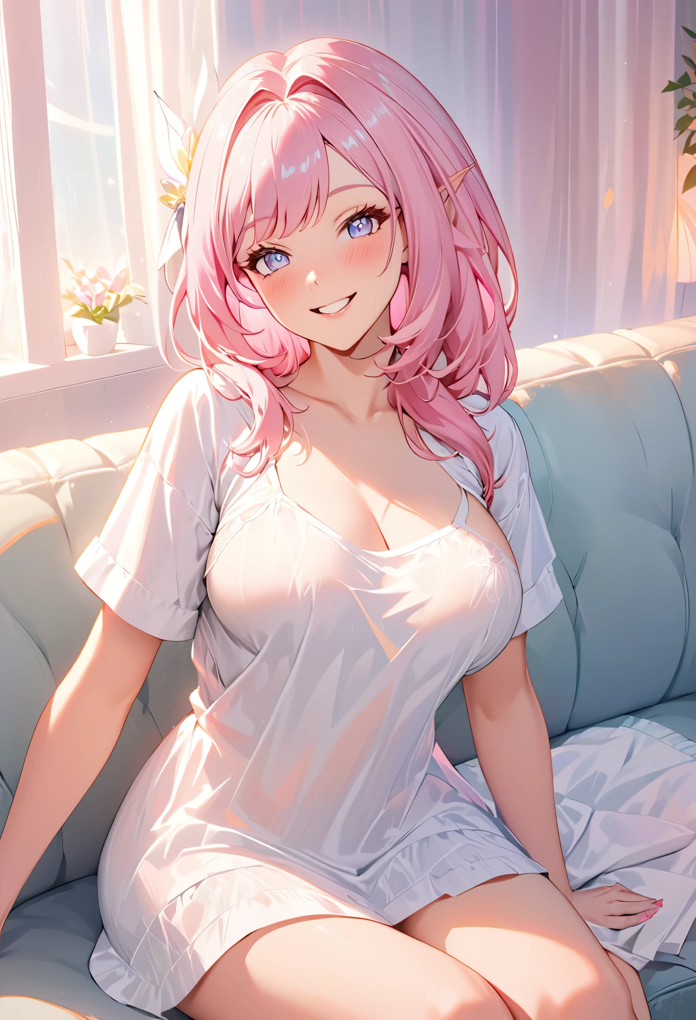 elysia, long pink hair, beautiful face,smiling,close up to hips, moderate breast, sitting on sofa, wearing beautiful white shirts, (open mouth:0.4),illustration,detailed textures(realists),ultra-detailed,portrait style,vivid colors,soft lighting, blushing, mature, no bras