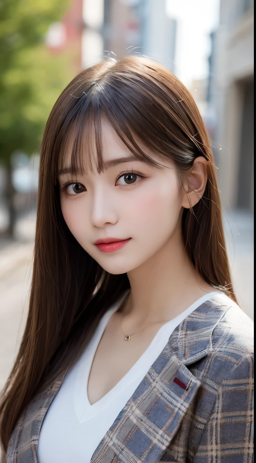 table top, highest quality, shape, Super detailed, finely, High resolution, 8k wallpaper, 完璧なダイナミックな構shape, beautiful and detailed eyes, small breasts,natural color lip, ,smile、20 year old girl、cute、sexy shot looking at camera,Always blur the background,perfect and beautiful face,Take only the face,beautiful and detailed face、slim face and style,Big eyes、do gal makeup、Plaid jacket、All-in-one