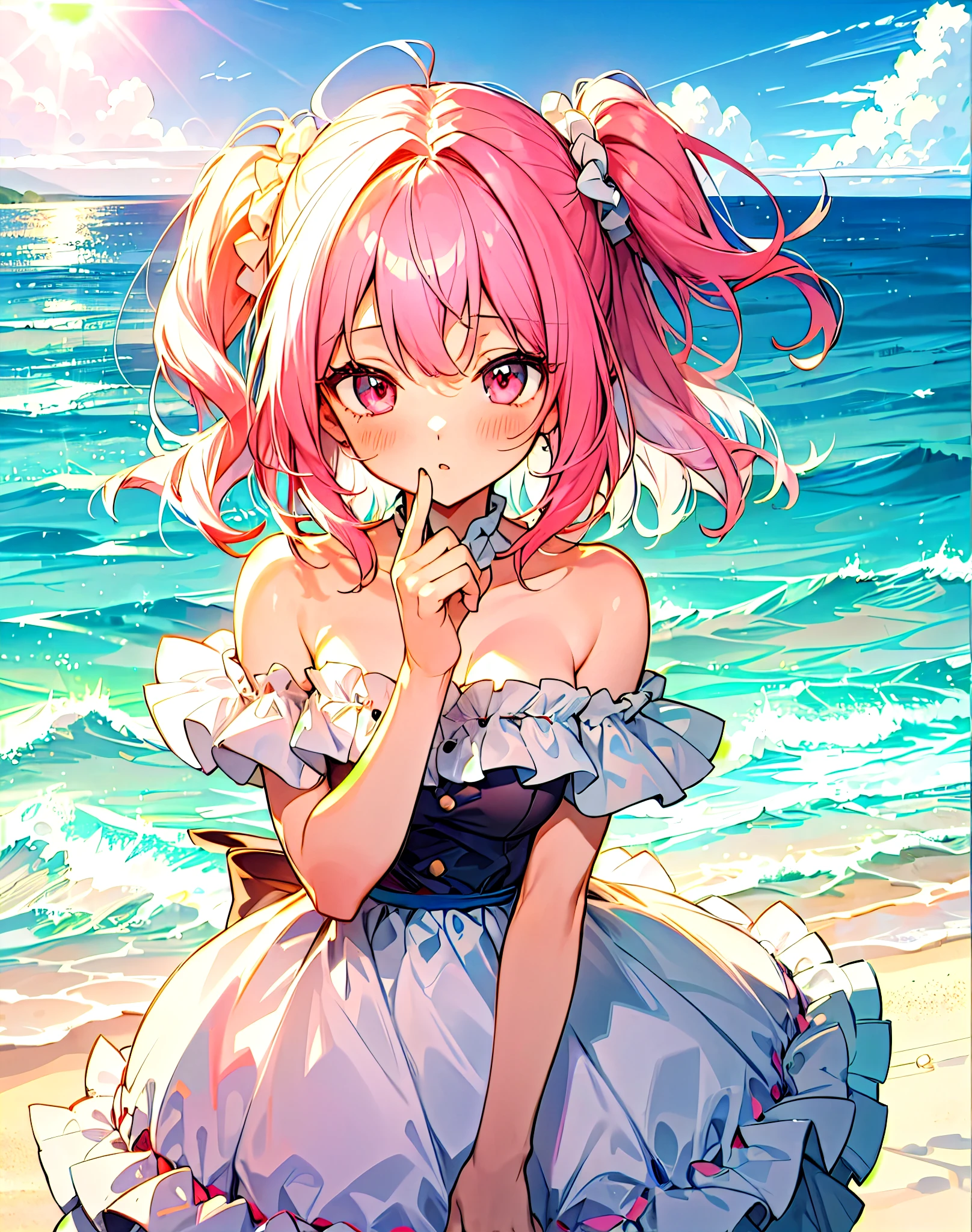 (masterpiece、highest quality)、upper_body, front view, insightful, breast squeeze, light blush, girl,woman,female, medium hair, hime cut, parted bangs, twin drills, hair intakes, pink hair, two-tone hair, hair fluttering in the wind, ahoge, heart, bright pupils, bare_shoulders, fingernails, pink eyes, red_bow, flower with hair, scrunchie, frilled_dress, frills, dissolving dress, strapless, polka_dot, aqua Clothes, blue_sky, beach, ocean, lens flare,