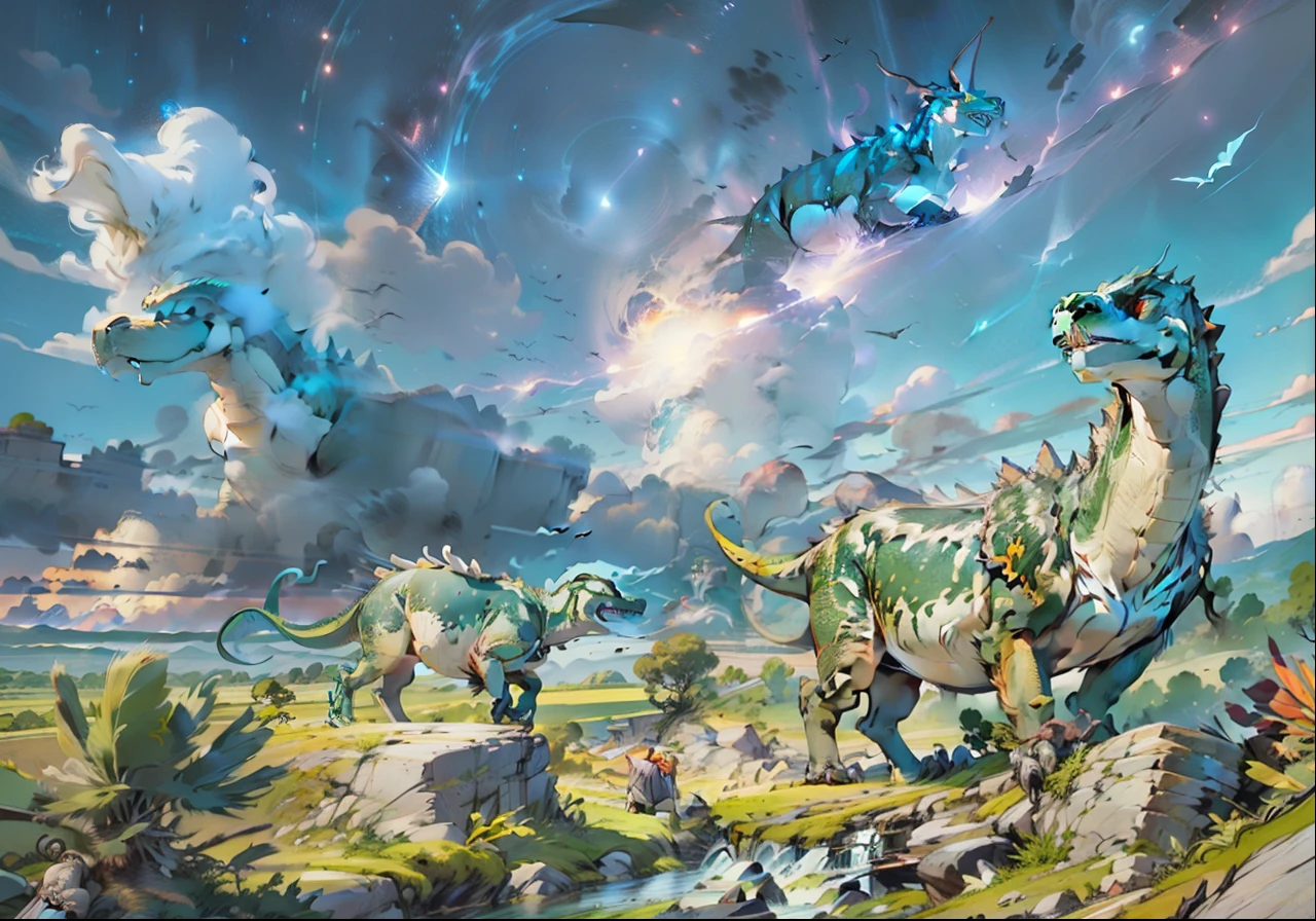 大地上的 Dinosaurs are in a field with a long trail of smoke, meteor impact behind a Dinosaur, Dinosaurs, at the time of Dinosaurs, meteor, realistic ancient art, prehistoric, Dinosaurs and godzilla, Flying with a pterosaur, Dinosaur, Dinosaur灭绝,Planets hit Earth,illustration art,Line anime