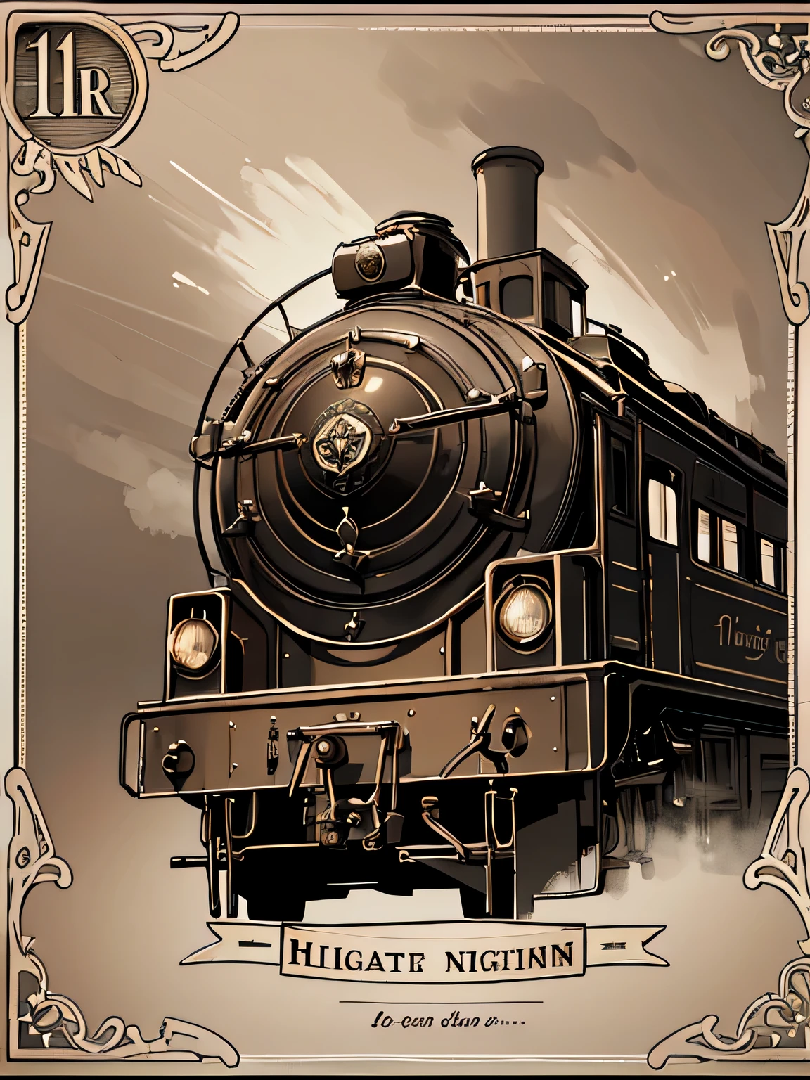 (highres, realistic:1.2), shiny silver ticket,stunning detailed design,steam train fills the ticket,''One Ride'' at the top,written ''The Heavenly Wait'' at the bottom, antique style tag line,sepia-toned background, vintage texture-A prompt for Stable Diffusion.