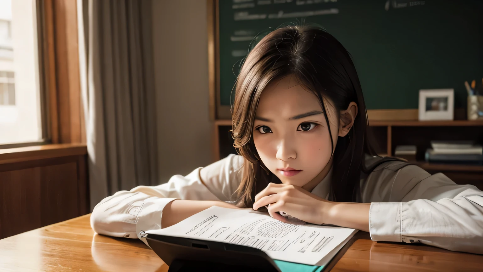table，table上的金子，banknote，girl sitting at table，angry expression