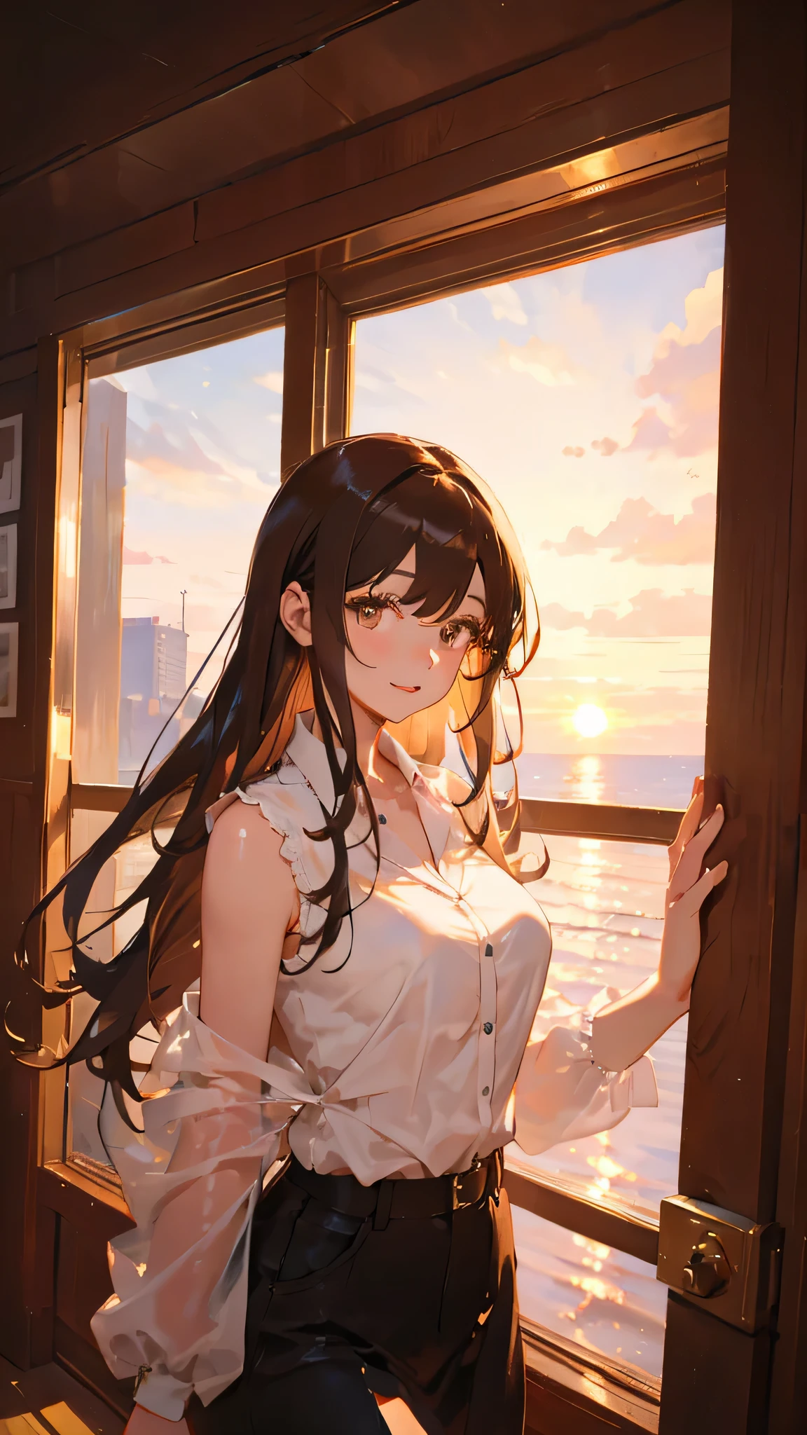 masterpiece, highest quality, (attractive woman), 28 years old, shoulder length hair, straight hair, bangs, big breasts, brown eyes, Happy, indoor, sunset, Change of clothes