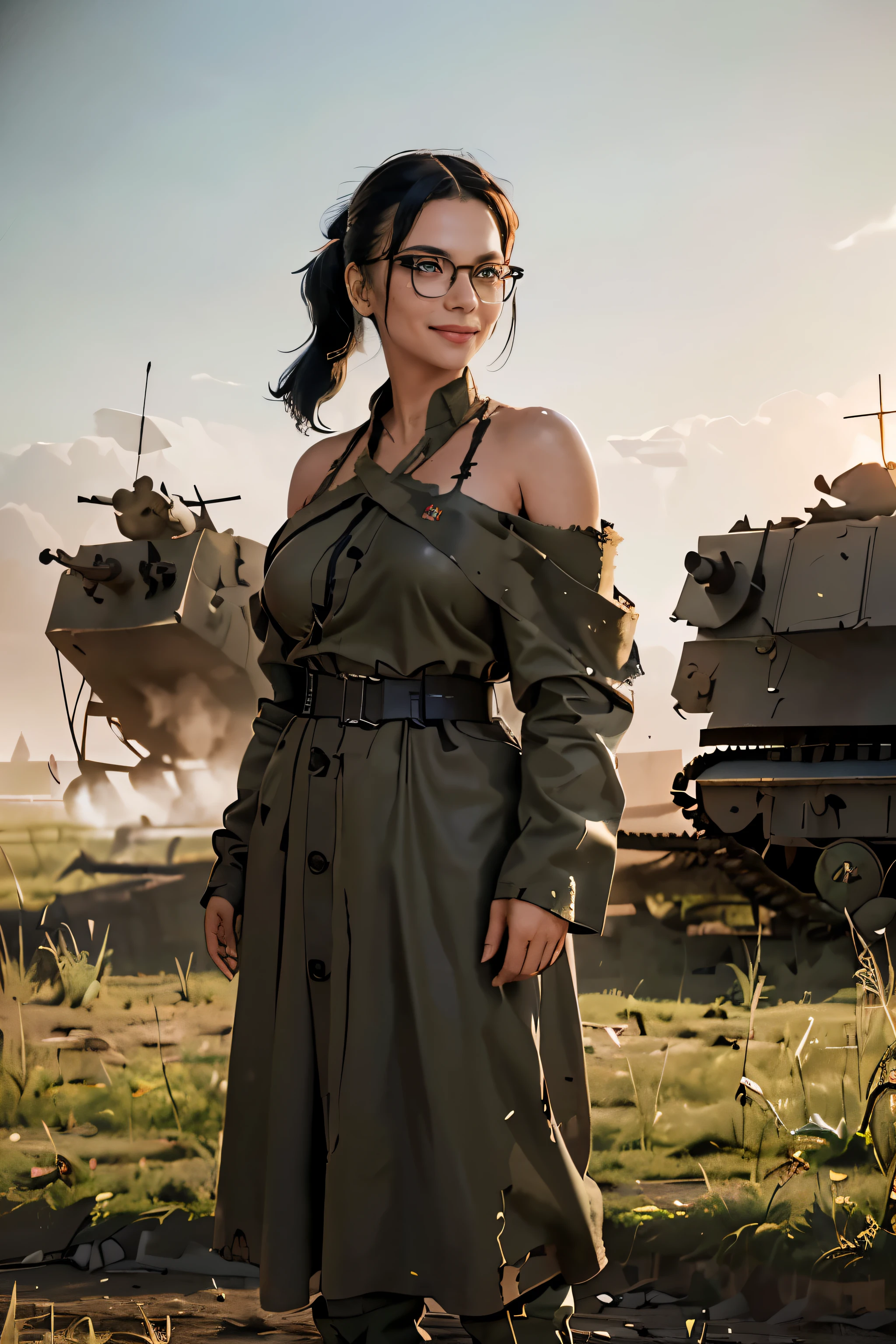 ((wide angle)), beautiful female veteran, black hair in a ponytail, smooth, สวมแว่นตาlarge size, smile with determination, The body is worn out., Injuries, ((((สวมชุดทหารรัสเซียสงครามโลกครั้งที่ 2 large size)), ((large size )), ((off shoulder)), ((suffering)), ((dilapidated)))), on the ww2 battlefield