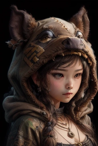 {{{highest quality}}}, {{Super detailed}}, {{very delicate and beautiful}}, (highest quality, In 8K, 32K, ),front facing portrait、(masterpiece), (highest quality), (Super detailed),front facing portrait、bandit、realistic oil painting 、Girl wearing a boar head hood、boar costume、necklace made of bone、Tibet
