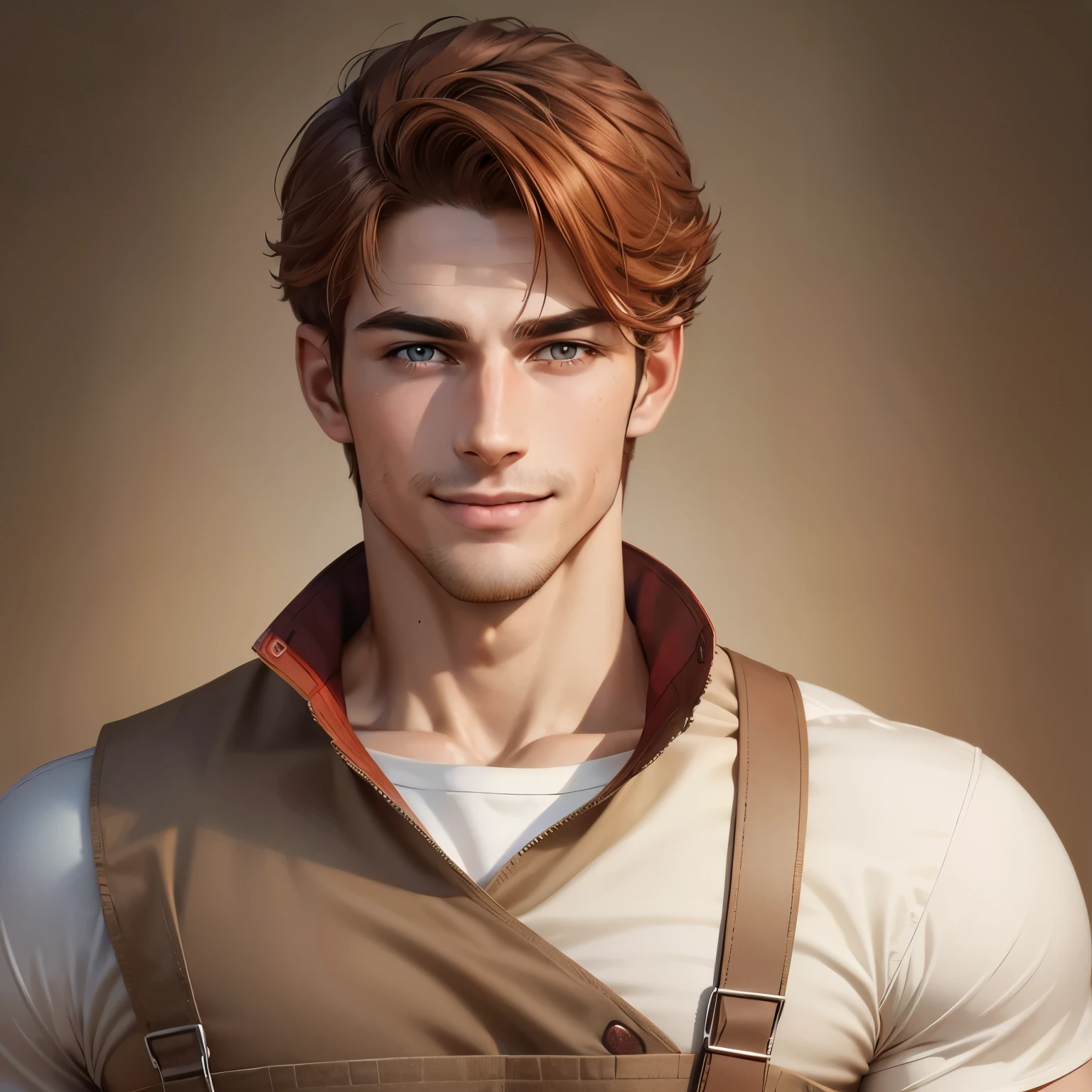 Male, 1 man, muscular fit body, tan skin man, farmer man no beard, reddish brown hair, tall, husband material, sharp eyes, handsome, perfect jawline, comforting smile, two block hair model, wearing farmer clothes