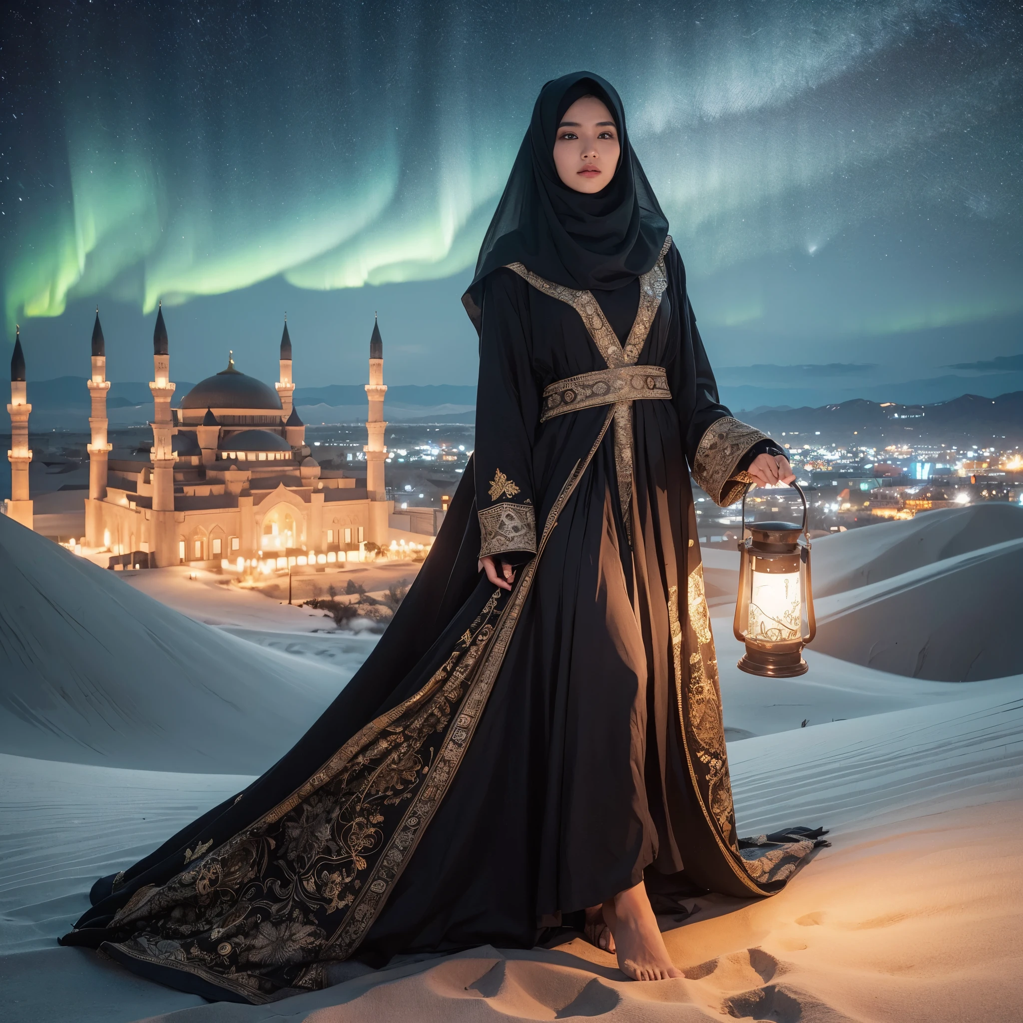 Full body, Asian woman wearing a black hijab, wearing a black captan with gold patterns, legs visible, standing on a desert hill, a traveler, beautiful woman pose, holding a burning lantern, night scene with a clear sky full of stars, sky with aurora, the sky with a full moon, a magnificent mosque in the background and a small town with colorful lights visible from a distance, a flat face looking at the camera