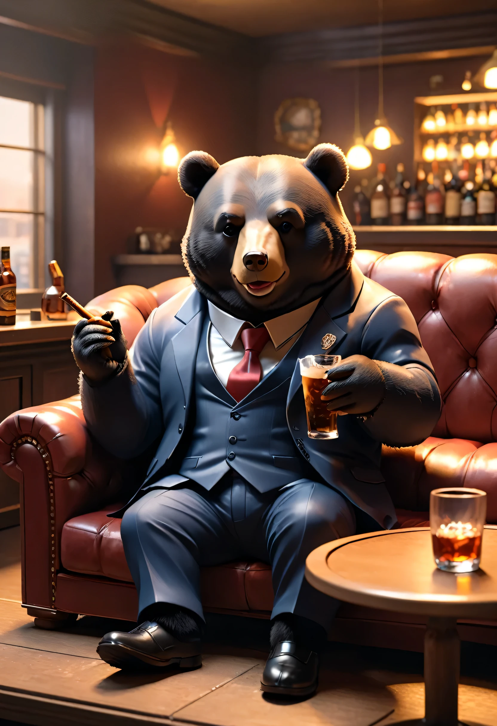 Full body Esbian、Cool black bear、Pop black bear、diorama、simple background、mafia、rapper、Chewing a cigar、bar、sitting on the sofa、highest quality, Capture the cutest moments, written boundary depth, Super detailed, ultra high resolution, octadale, 8k, 16km race