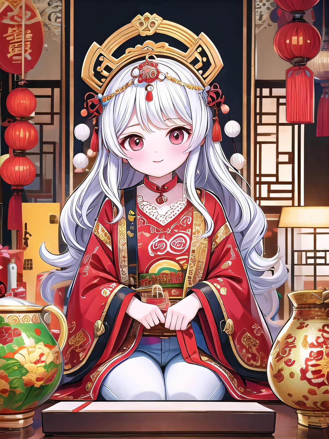 wavy hair wavy hair,（（（hair accessories）））,necklace,Put on a sexy sweater,,skinny jeans,The room is filled with Chinese New Year decoration masterpieces）））, （（best quality））,（（intricate details））,（（surreal））（8k）,Searches