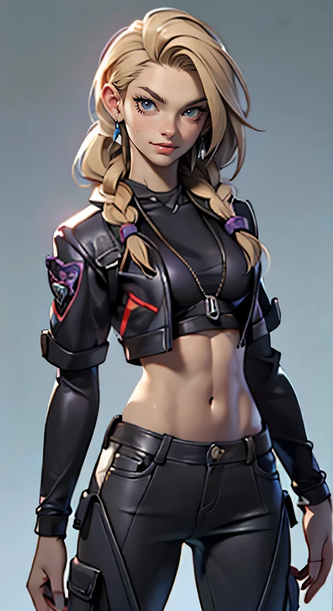 11:23(((best quality: 1.4))),(An unparalleled masterpiece), (ultra high definition),(Hyper-realistic 8K CG)、（waves），strong woman，Have muscles，（a manual），（light hair），（braid）， ((( Body))), (((1 girl in))), 25-year-old American soldier with perfect Body,,Beautiful and well-groomed face,muscular Body:1.2,带细节的纯purple，Red，jacket, (Pictures from head to thighs)， Complex equipment, purple，Pants，wearing short sleeves，Clothes with armoRed metal electronic parts, poison tattoo )