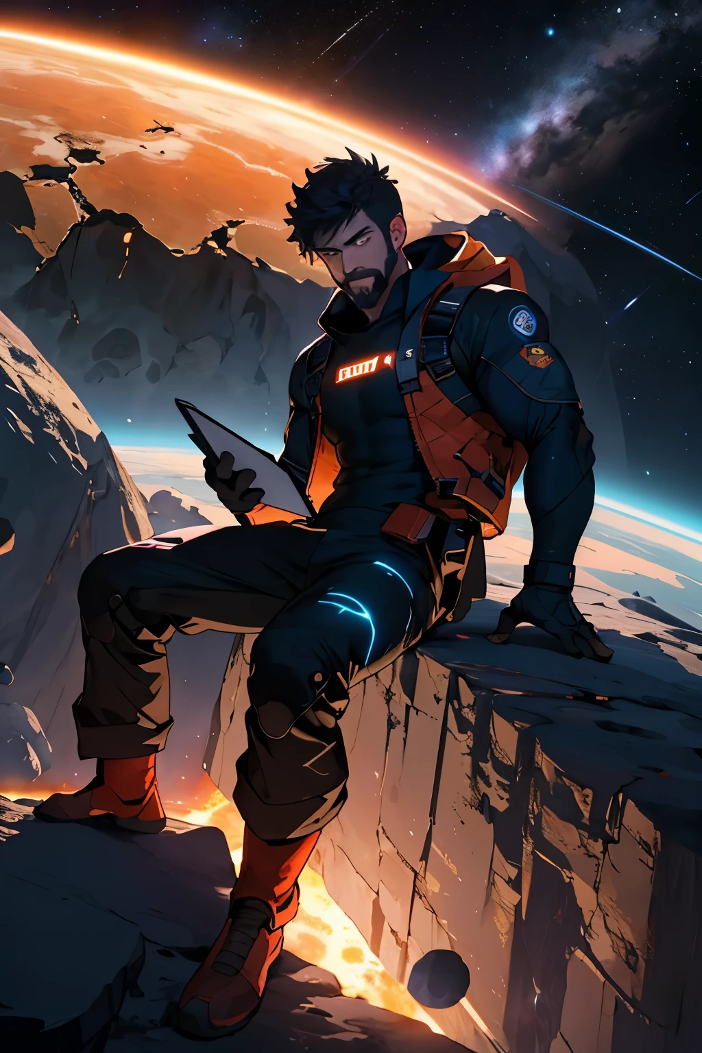 Draw a young programmer, sitting on a research platform floating in the middle of an asteroid belt. He is studying with a notebook, surrounded by several asteroids glowing with fiery auras. Dramatic lighting from distant stars and planets illuminates the scene, casting deep shadows on the suit. The young man looks confident and determined, looking at the vast and mysterious universe with wonder and respect,facial hair, cowboy shot,