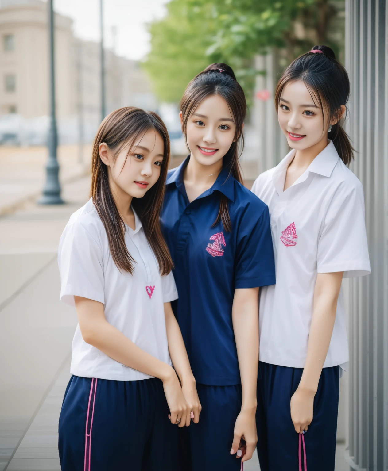 3 girls in fitness center, Blue short sleeve shirt,Sweatpantsขายาวสีกรมท่า,Sweatpants, Sweatpantsขายาว,25 year old girl, lesbian, sexy, exercise clothes, wet body, exercise clothes
