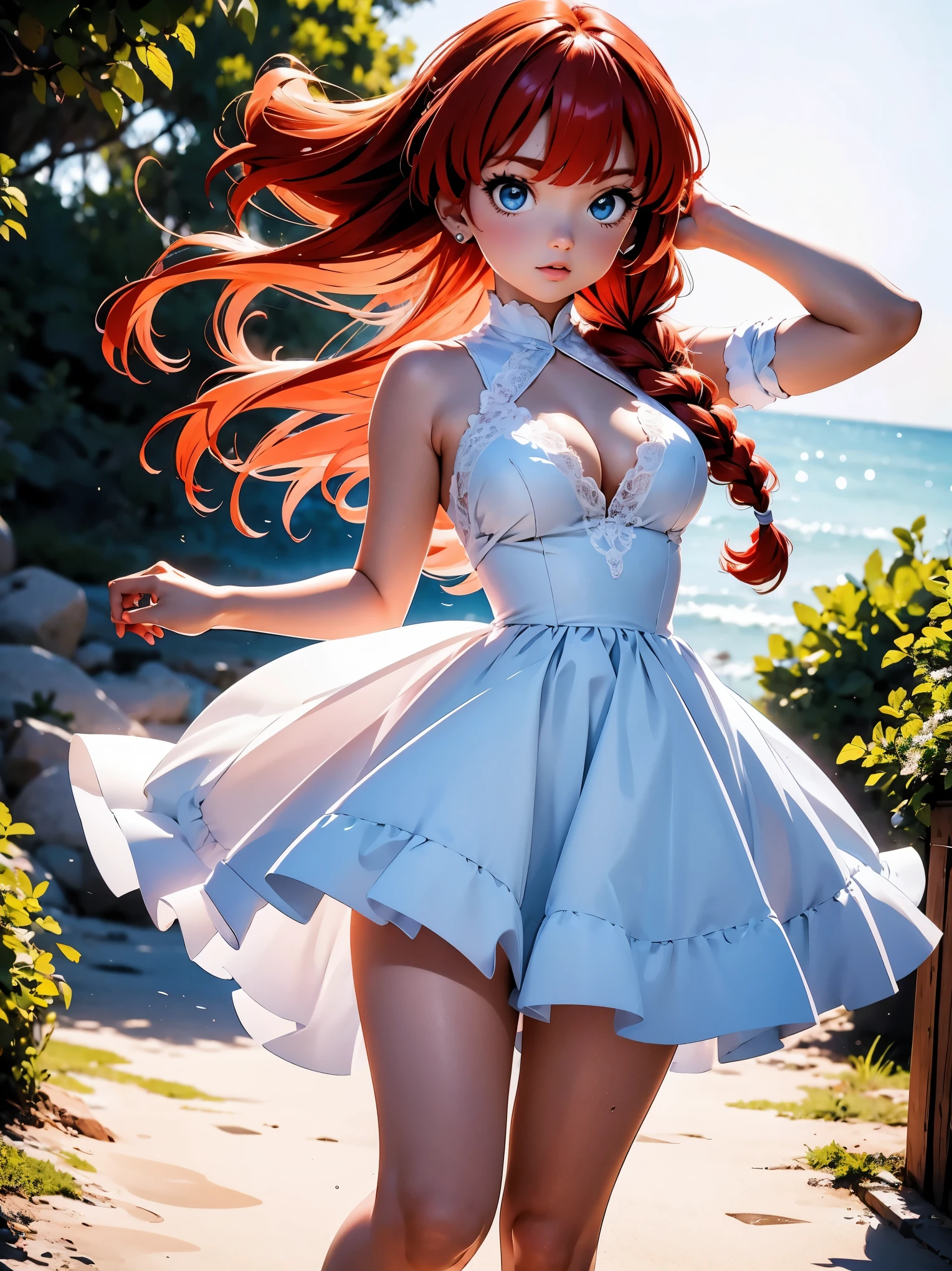 Garota anime ruiva com vestido longo branco com desenho de rosas casamento, saia, 16 anos, corpo bonito, seios grandes, with hands behind head, running your hands through your hair, Garota sexy, red hair with braid , beautiful lighting, sombras suaves, olhos azuis, pernas bonitas, hair with braid, estilo anime, Ranma Chan, Autora Rumiko Takahashi, Baseado em obra de Rumiko Takahashi, Anime Ranma 1/ 2, decote sexy, quadril robusto, corpo inteiro, corpo inteiro, busto grande, garota jovem com corpo belo e bonito, sandals on his feet, garota 16 anos jovem baixa estatura, usando vestido longo branco com desenhos de rosas, estampa florida, vestido com arte florida de rosas, garota anime, estilo anime, beautiful feet in sandals, 45° viewing angle, ao ar livre, vestido com estampa florida rosas, vestido estampado flor rosa