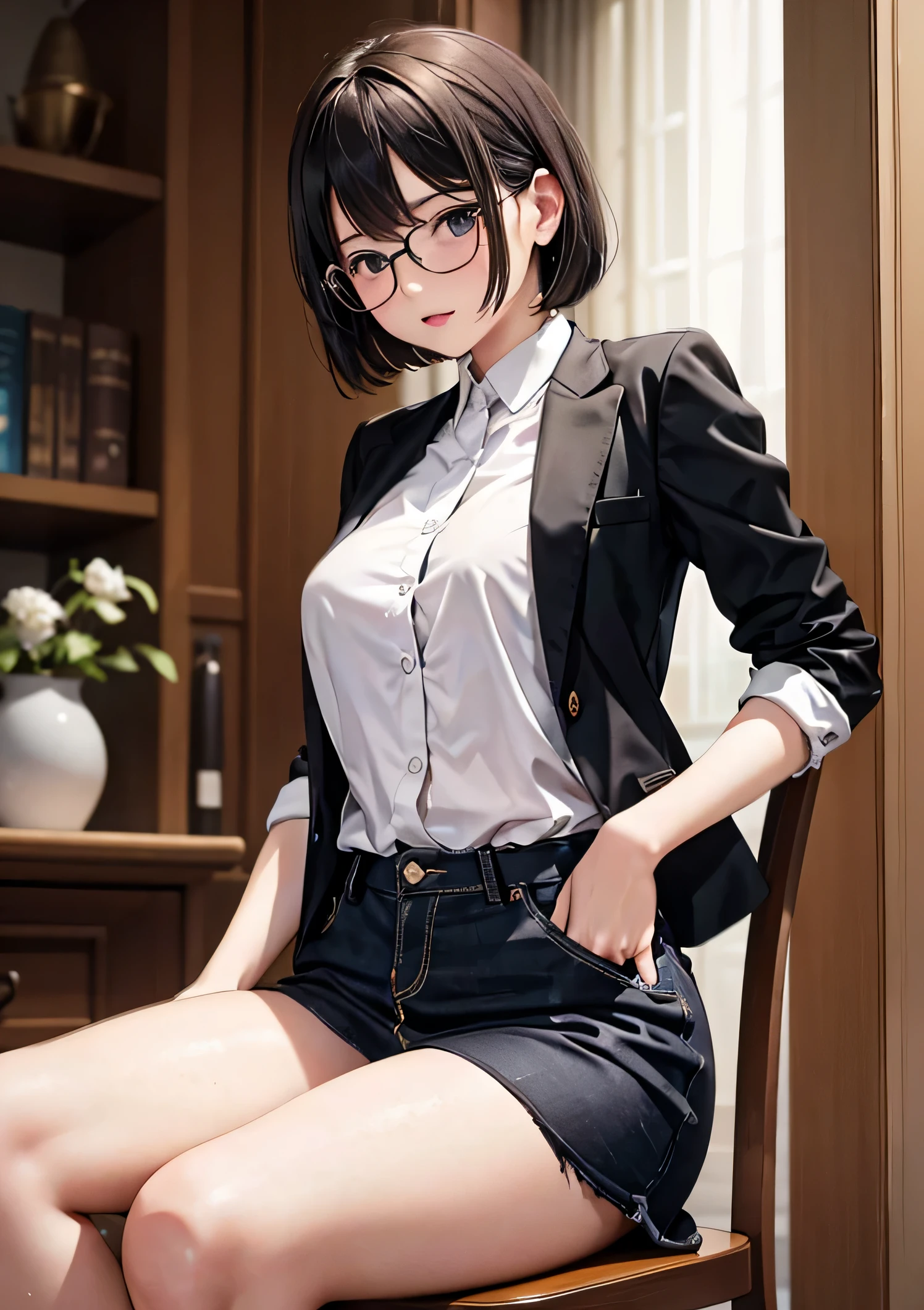 (8k,Photoreal,RAW photo,highest quality,NSFW;1.4) 　(1 woman around 20 years old)　turn your arms behind your back,Put your hands on your own buttocks,super beautiful,muscular and muscular female body　(black short bob)　I can see your pants,Mansuji,sitting in a chair,Low - Angle,expression of contempt１.4,elite women　charm　beautiful expression　Silver glasses　white blouse and brown skirt 1.3　Wearing a brown jacket　超A high resolution　surreal　real looking skin　advanced details　A room in the company