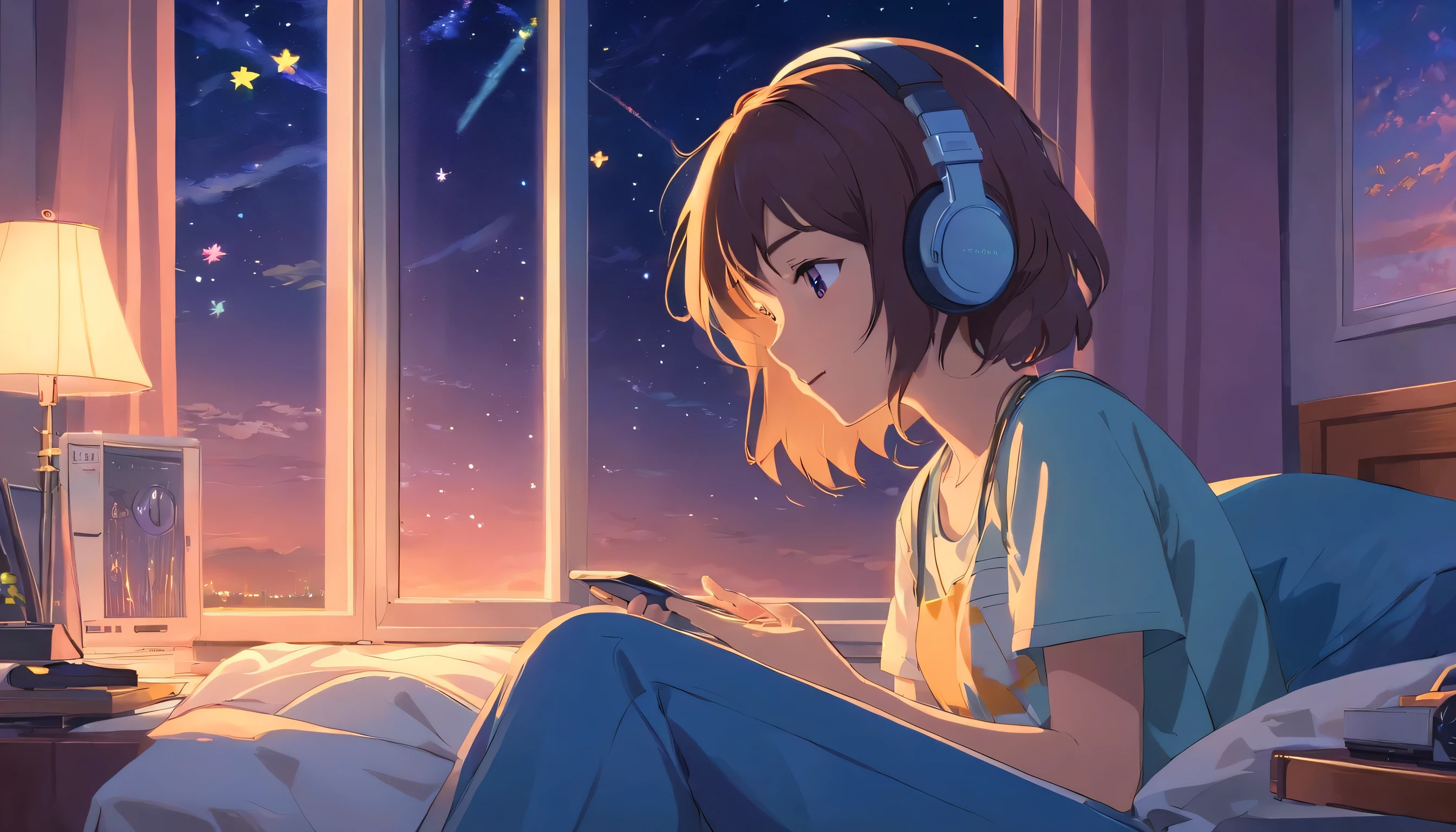 A girl listens to music with headphones by the window next to the bed,Many stars in the night sky cell phone in hand