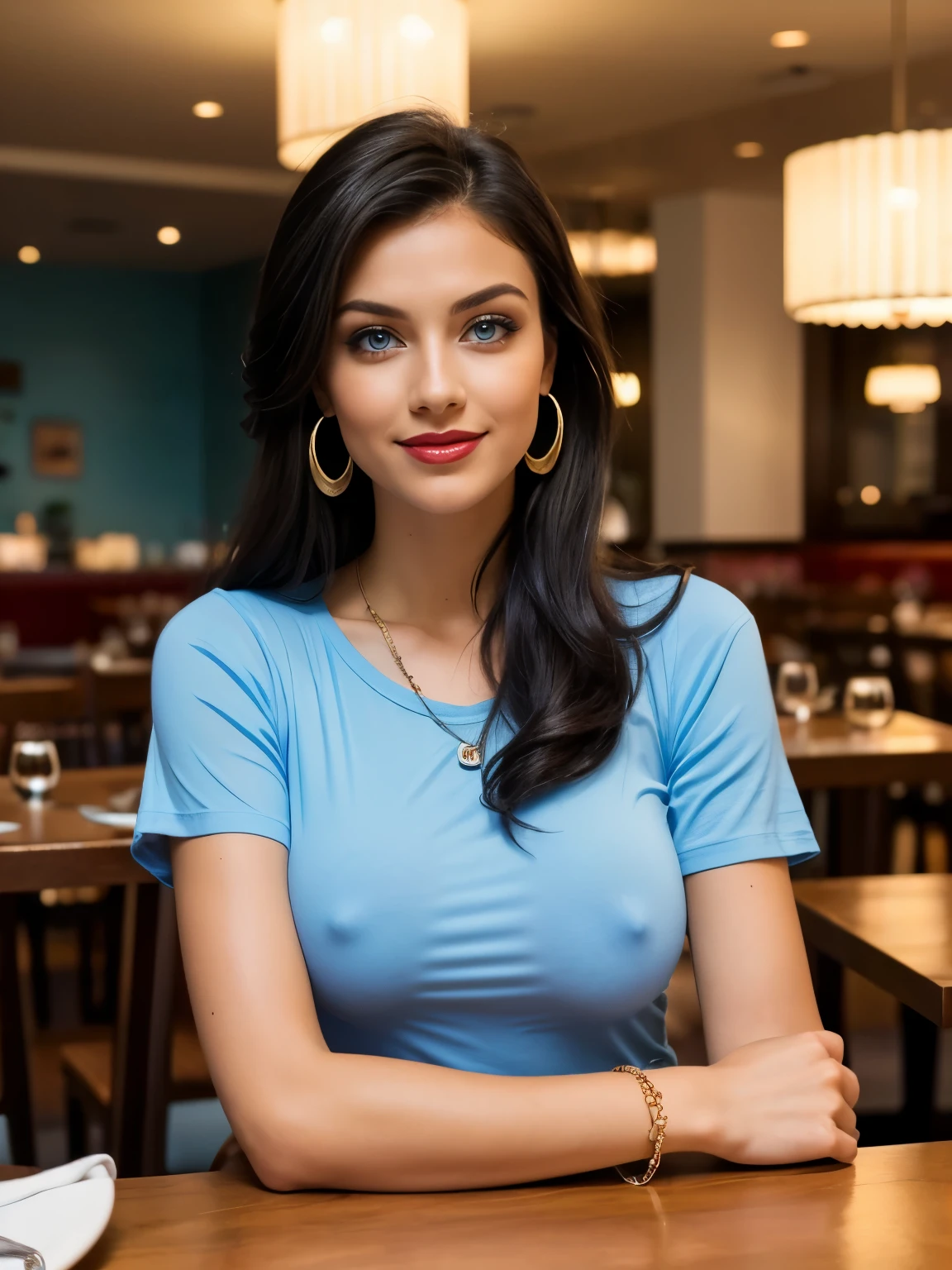 (Caucasian woman); black hair, wavy hair, long hair, updo hair; blue eyes, lined eyes, ((highlight blue eyes)), shiny eyes; red lipstick, makeup, smile; athletic body, (medium breasts), nipples; (Light blue t-shirt); earrings, necklace, bracelets; in elegant restaurant, sitting, front view.