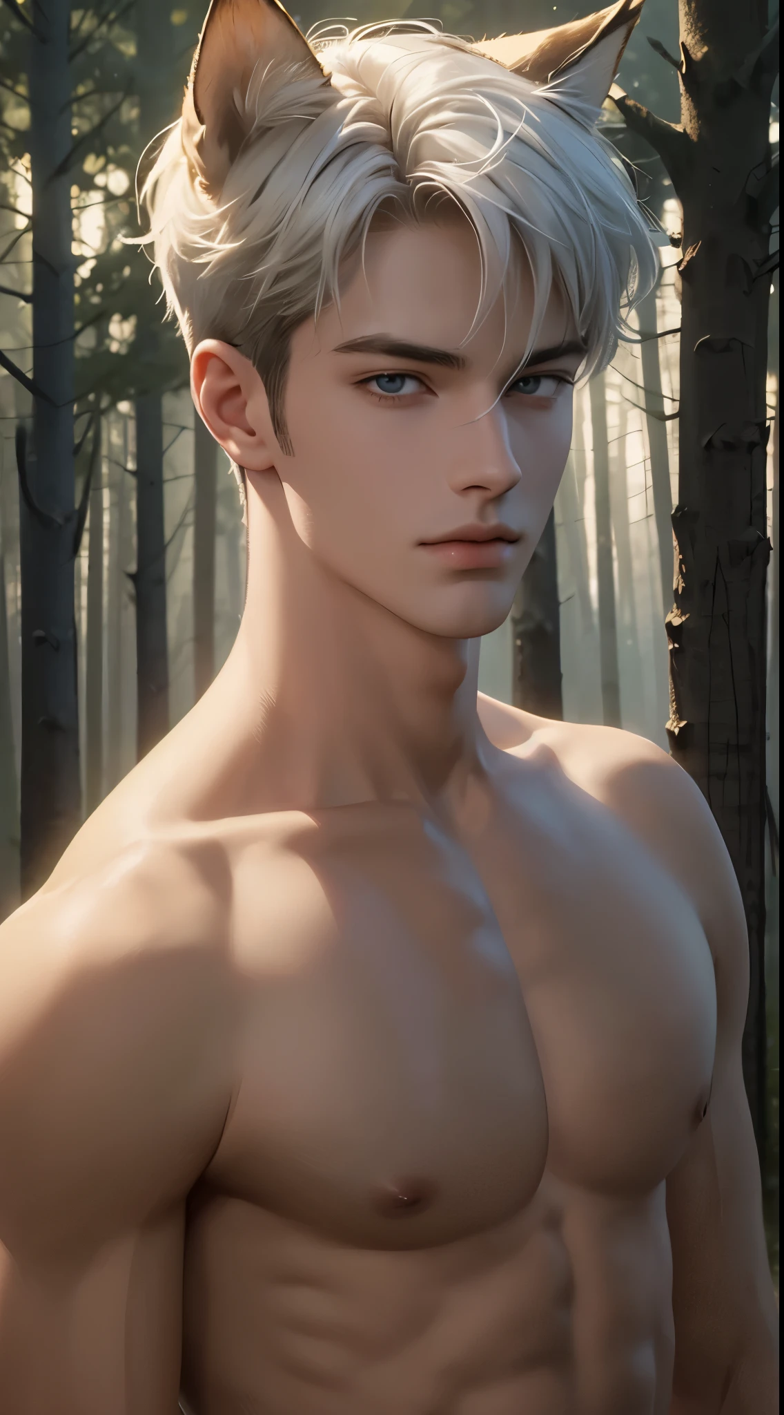 4k, high resolution, best quality, masterpiece, perfect color, perfect shade, perfect lighting, Posted by e621, ((portrait)), ((handsome man)), perfect male figure, Short hair details，Naked torso，Detailed face, perfect face, (stood up), Detailed background, ((Bonifasco Lighting)), (delicate eyes),(animal ears),white hair，((forest))，emaciated