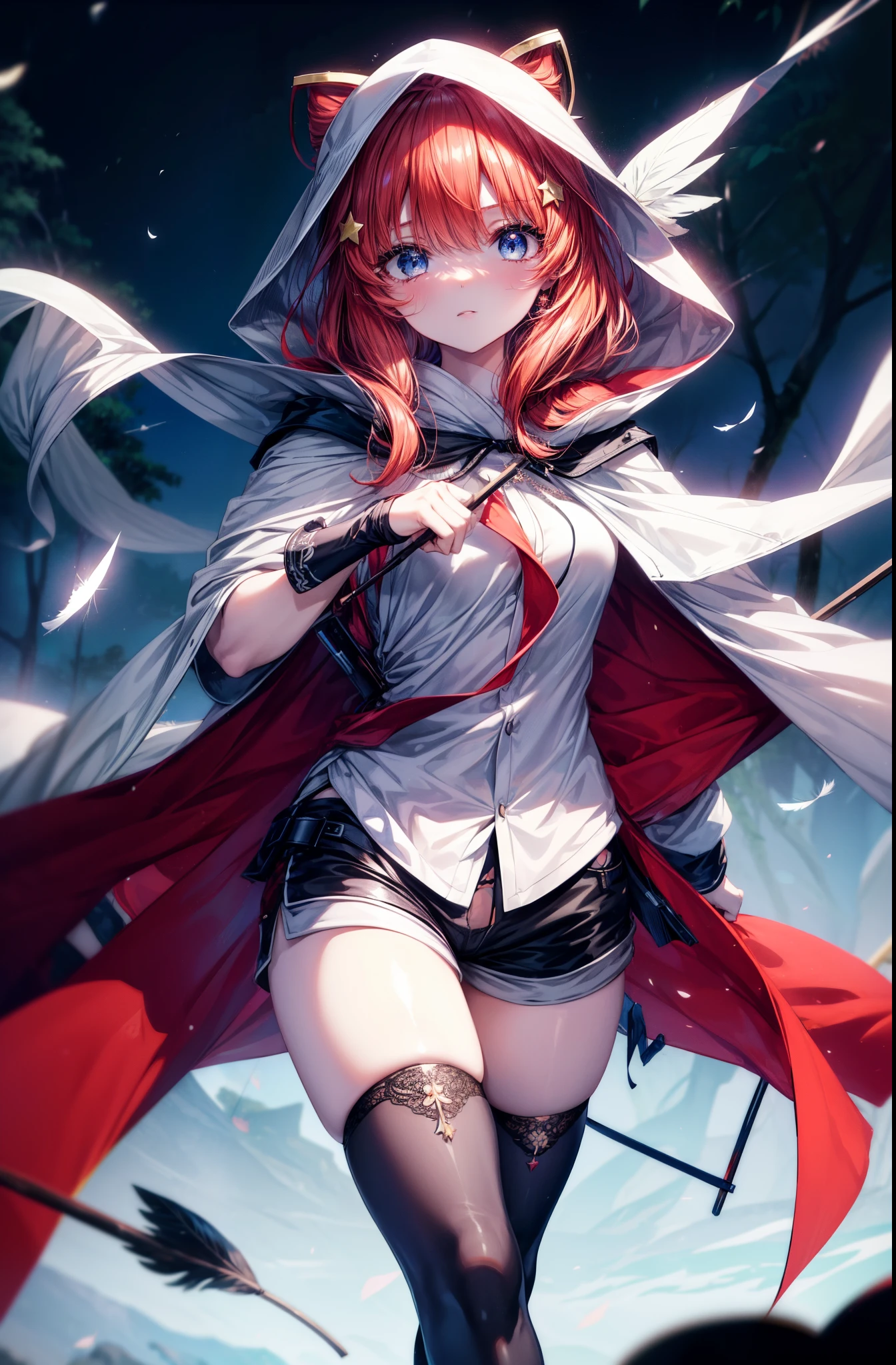 (an adult tensei shitara slime anime character) Rimuru Tempest, with prominent and piercing eyes of a (((scarlet red))), which exude an aura of cold determination and a sharp intelligence, (hair is light heavenly blue), flowing and smooth, neutral mouth, cold gaze, reflecting an unshakable personality and an indomitable spirit, The white hood that covers the character's head adds a touch of mystery and nobility, complementing his enigmatic and powerful presence, complete character, ((( setting in the forest))), white skin, highly detailed scenery, (female student outfit), (checkered skirt)