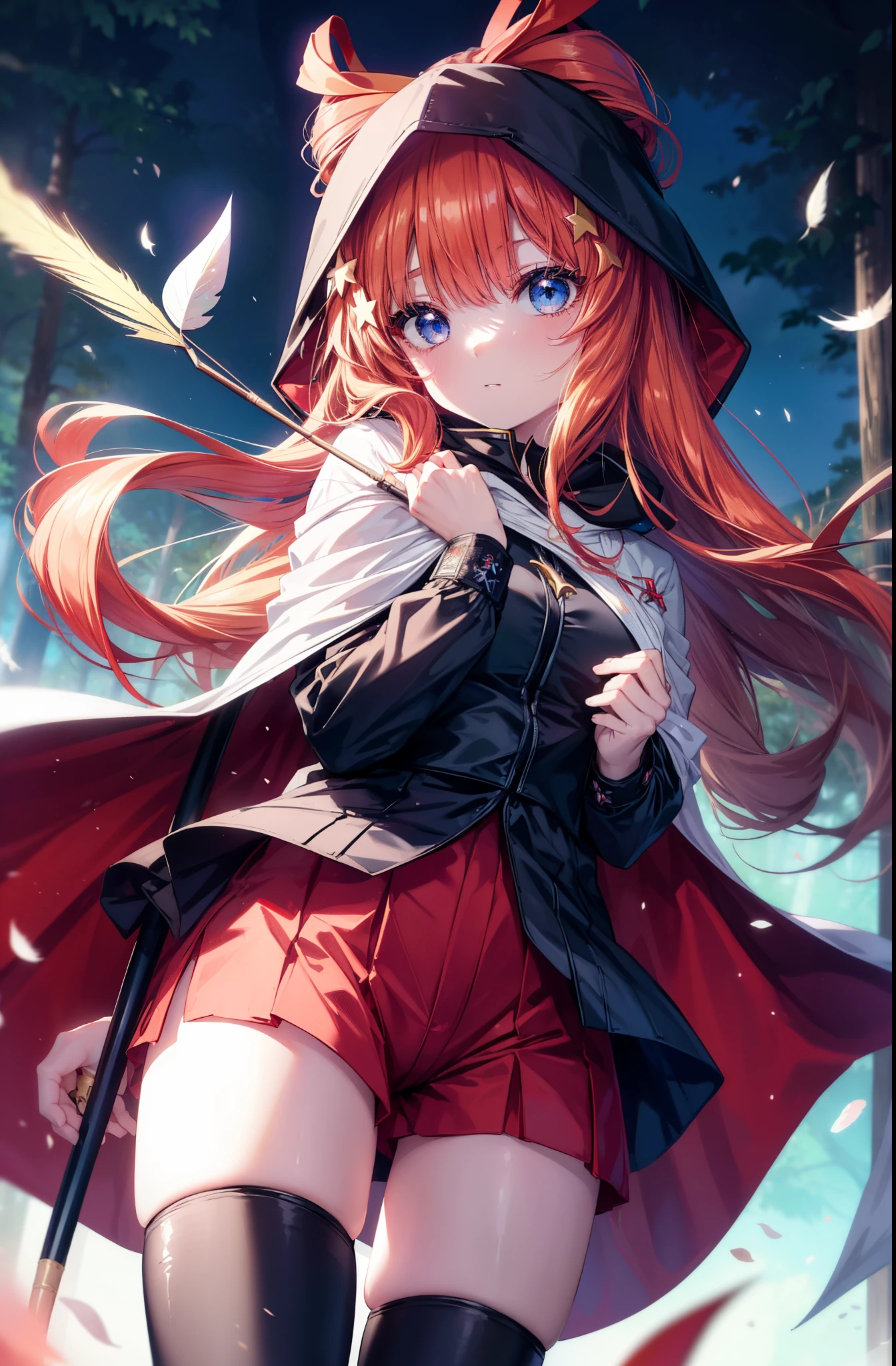 itsukinakano, Itsuki Nakano, bangs, blue eyes, hair between eyes, put the back hair in the hood,, redhead, star \(symbol\), hair ornaments, star hair ornaments,hood up,The right hand holds the middle grip of the bow.,holding the feather part of an arrow,Anime girl holding a bow, Gviz, wield a bow, asymmetrical clothes, boots, cloak,gloves, red Thighhighs, high heels, shorts, Thighhighs,So that the whole body goes into the illustration,dynamic pose,
break outdoors, forest,forest林, (cowboy shot:1. 5)
break (masterpiece:1.2), highest quality, High resolution, unity 8k wallpaper, (figure:0.8), (detailed and beautiful eyes:1.6), highly detailed face, perfect lighting, Very detailed CG, (perfect hands, perfect anatomy),