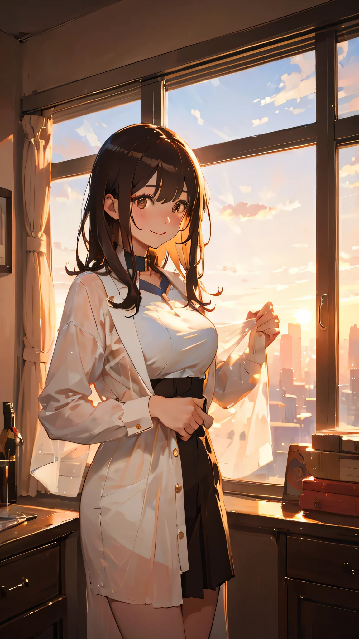 masterpiece, highest quality, (attractive woman), 28 years old, medium length hair, straight hair, bangs, big breasts, brown eyes, Happy, indoor, sunset, (undressing:1.2)