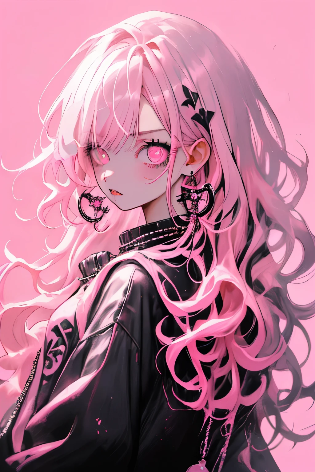 bottom style, 1 girl, alone, long hair, looking at the viewer, glowing background, jewelry, closed mouth, Jacket, Upper body, pink hair, earrings, pink eyes, necklace, From the side, sweater, lips, eyelash, compensate, wavy hair, earrings, cross, lipstick, ear earrings, eye shadow, hoop earrings, pink lips, multicolored eyes, pink theme, , pink eye shadow,