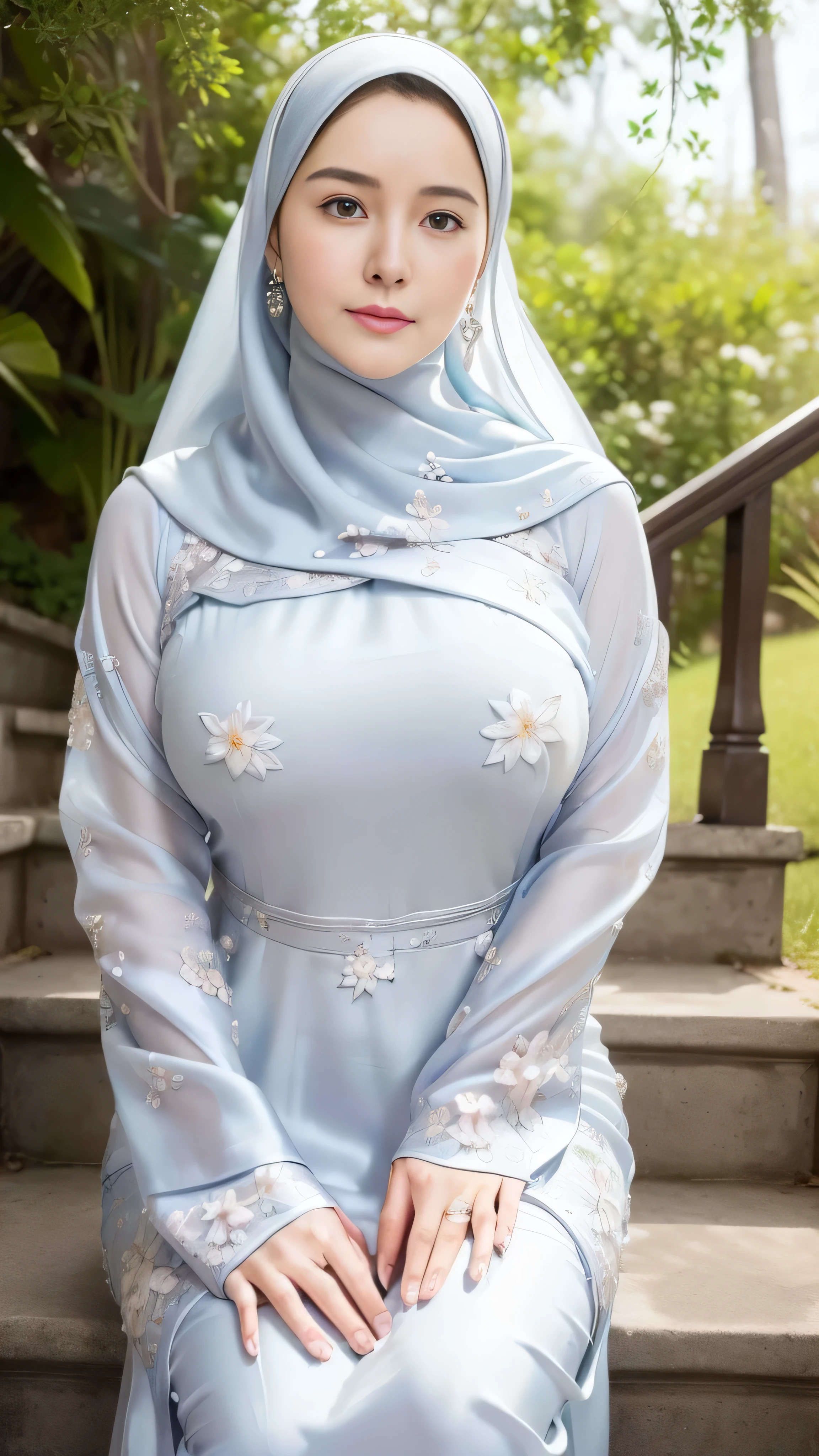 ((Marian Rivera)), (8K, best quality:1.2), beautiful Smile, seduced smile,gigantic breast:1.4, sitting on a set of stairs, (( wearing a silver silk floral Ao Dai with closed hijab)), Tall Body, beautiful faces, earrings, feminine in cute pastel shadeasterpiece:1.37), (photo, photorealistic:1.37), (ultrahigh-res),Full Body, slow motion, (insanely detailed, bloom:1.5), (highest quality, Alessandro Casagrande, Greg Rutkowski, Sally Mann, concept art, 4k), (analog:1.2), (high sharpness), (detailed pupils:1.1), detailed face and eyes, Masterpiece, best quality, (highly detailed photo:1.1),