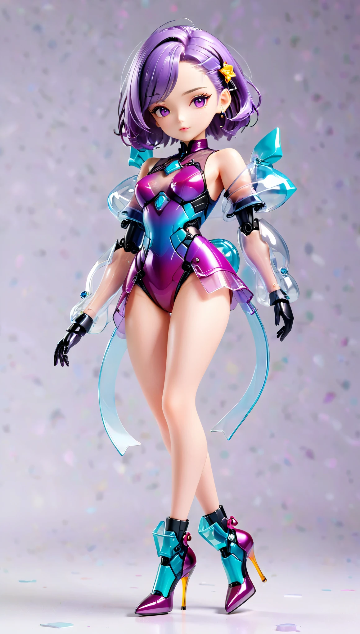 (Blind Box Spielzeug Stil:1.2),full body, solo,white background,(A female robot in a transparent purple gradients Iris dress, wearing gloves and high heels),(Chinese color,Very colorful), 3D