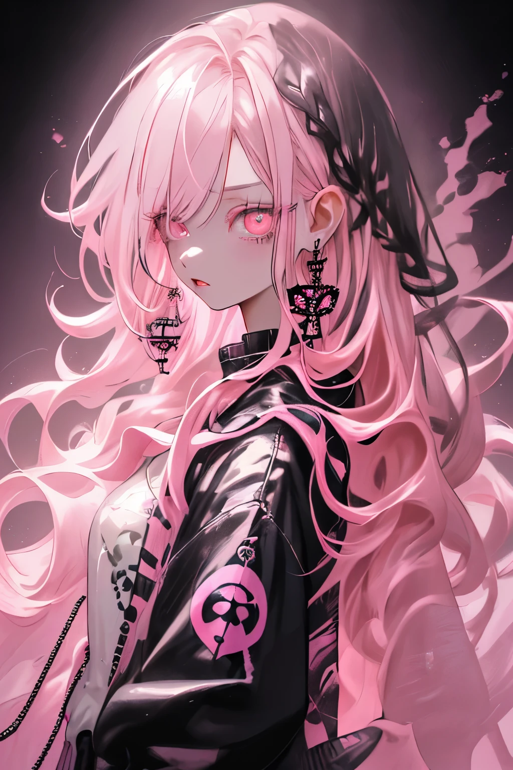 bottom style, 1 girl, alone, long hair, looking at the viewer, glowing background, jewelry, closed mouth, Jacket, Upper body, pink hair, earrings, pink eyes, necklace, From the side, sweater, lips, eyelash, compensate, wavy hair, earrings, cross, lipstick, ear earrings, eye shadow, hoop earrings, pink lips, multicolored eyes, pink theme, , pink eye shadow,